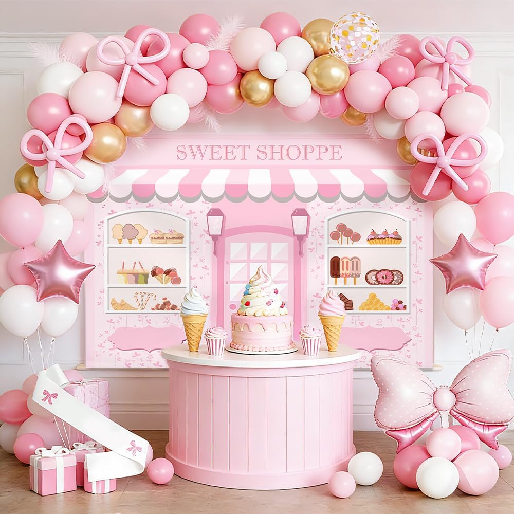 MEHOFOND 7x5ft Pink Sweet Shoppe Backdrop Dessert Parlor for Girls Birthday Photography Background Kids Party Banner