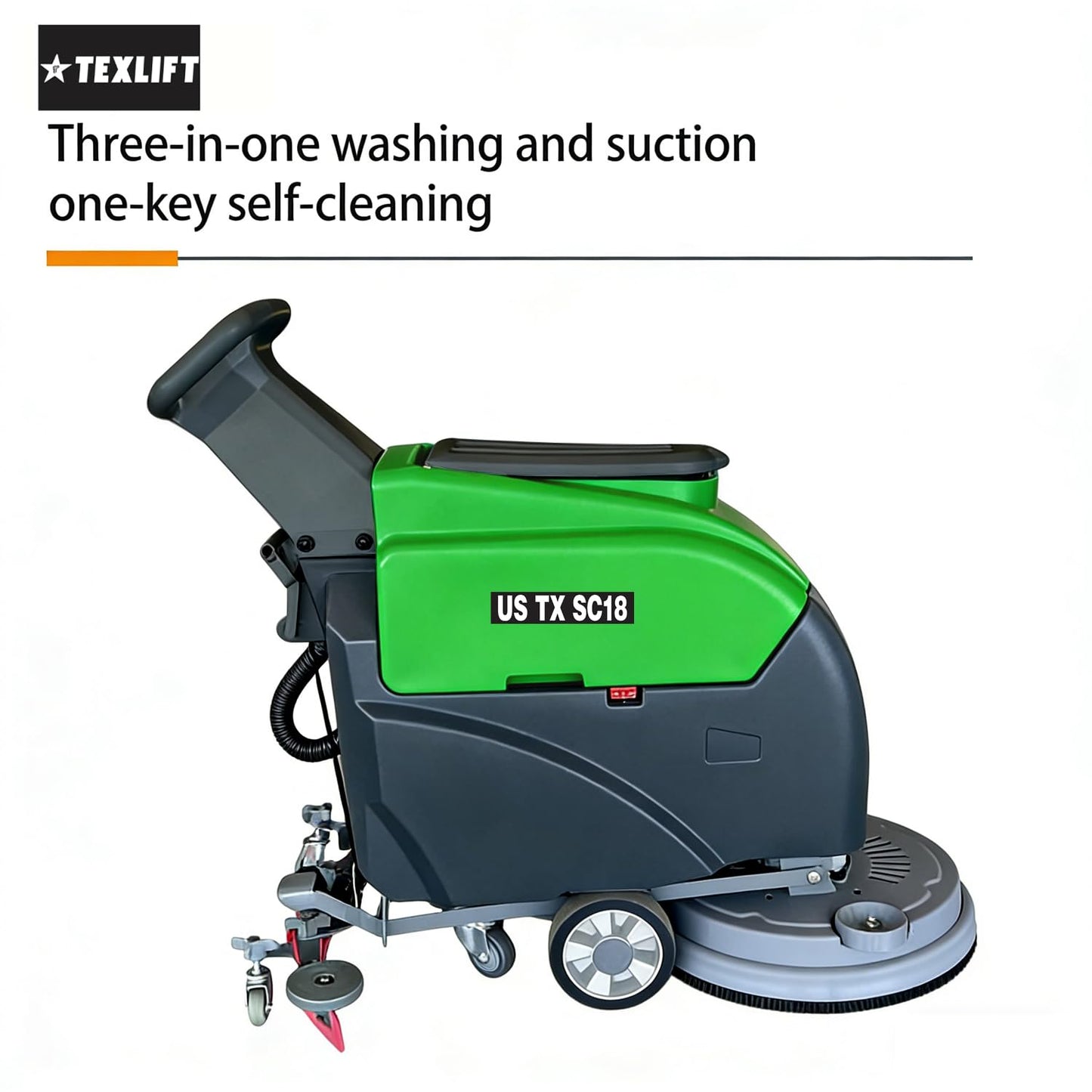 Walk-Behind Commercial Floor Scrubber Machine, 18″ Cleaning Width, Battery Powered Scrubber Dryer with 13 Gal Tanks for Warehouse, Retail & Facility Cleaning (US-TX-SC18)