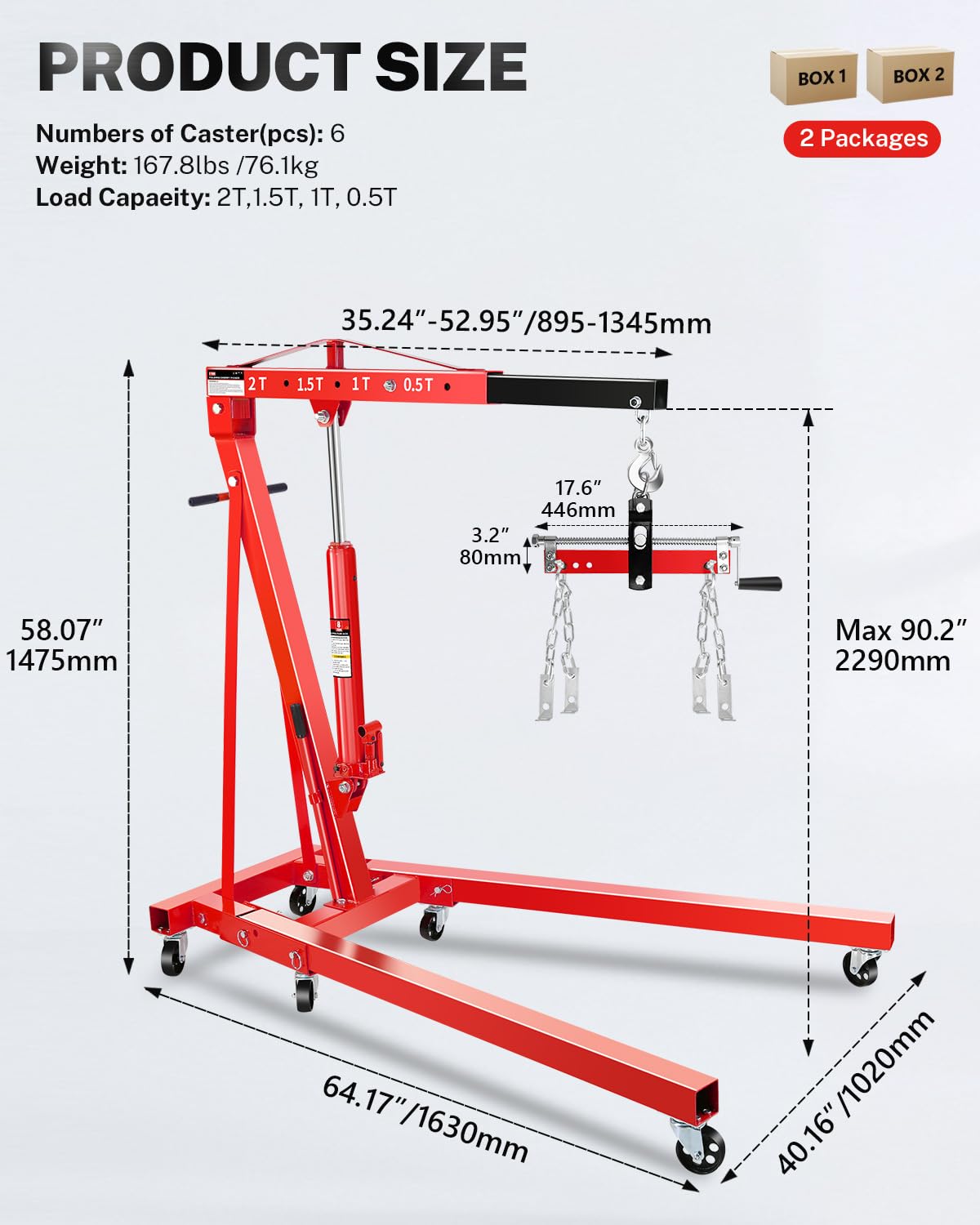 2 Ton Hydraulic Engine Hoist Crane with Lever, Folding Heavy-Duty Cherry Picker with 6 Locking Wheels & 4 Boom Positions, for Truck/SUV Engines, Garage Workshop, Industrial Lifting (Net Wt. 168 lbs)
