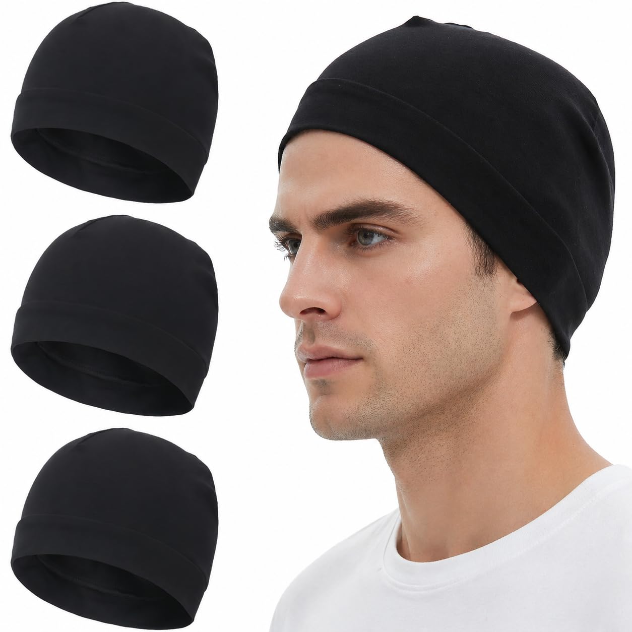 3 Pieces 100% Cotton Skull Caps Beanie for Men Women Lightweigt Night Cap Sleep Hats Breathable Helmet Liner