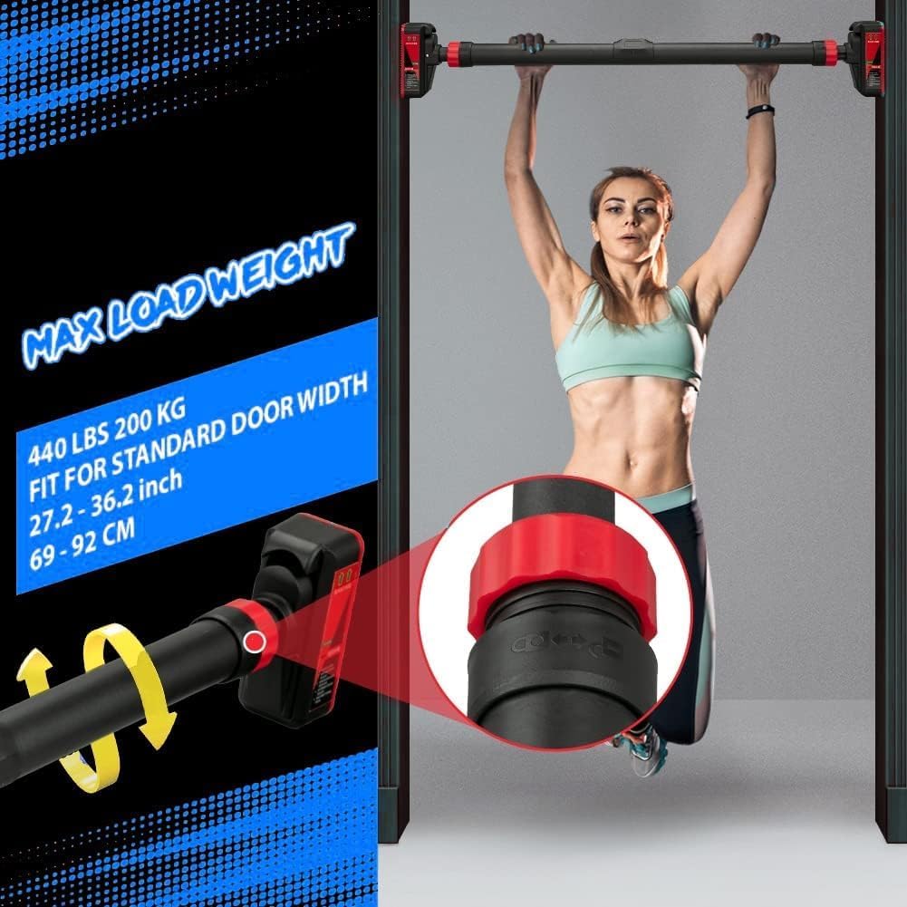 Garvee Pull Up Bar for Doorway - Adjustable No Screws Chin Up Bar for Home Gym, 440 LBS Max Load, with Level Meter & Anti-Slip Design for Strength Training,Red