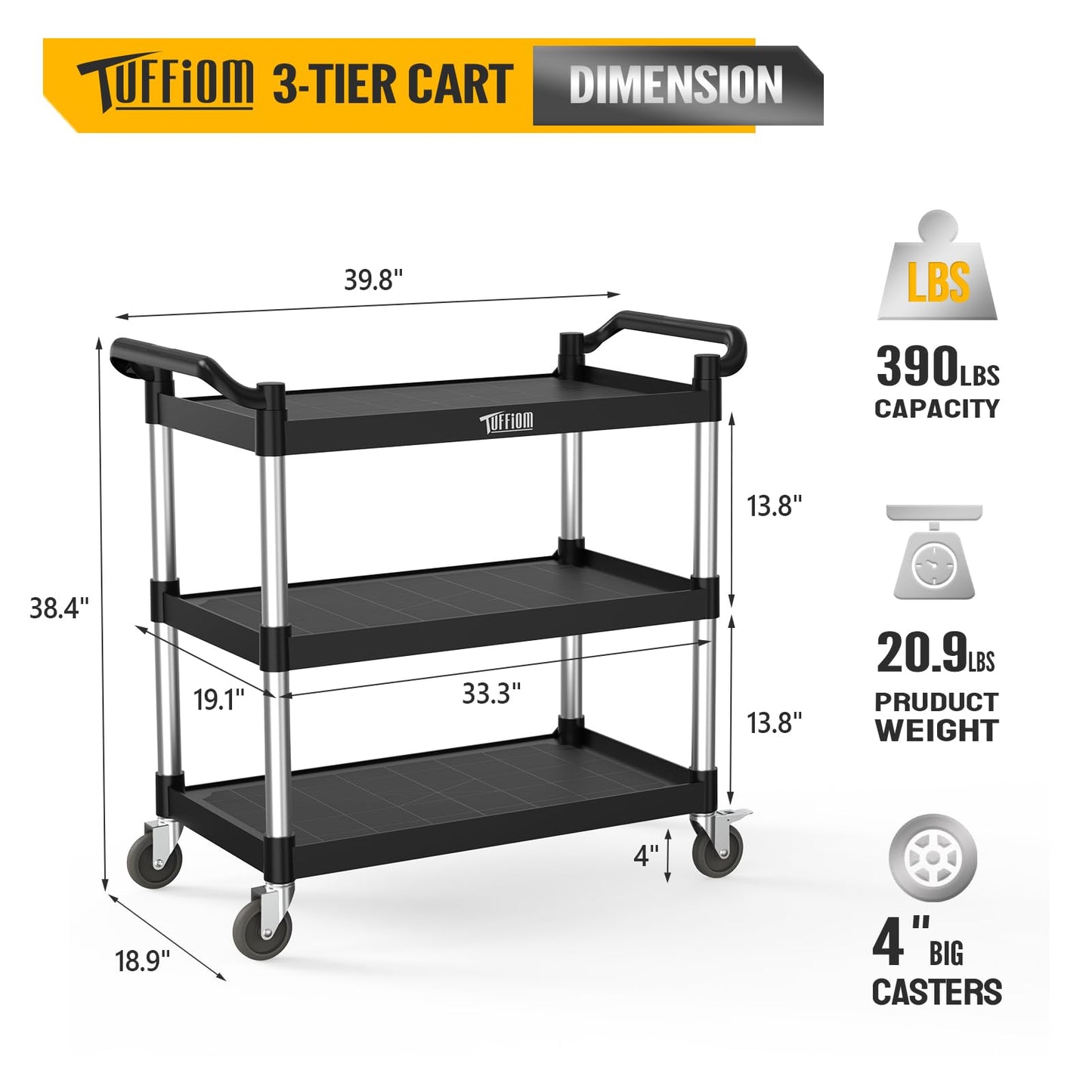 TUFFIOM Plastic Service Utility Cart with Wheels,Heavy Duty 450lbs Capacity, 3-Tier Commercial Rolling, Ideal for Restaurant, Foodservice, Office, Warehouse, Black 39.8''L x 19.1''W x 38.4''H