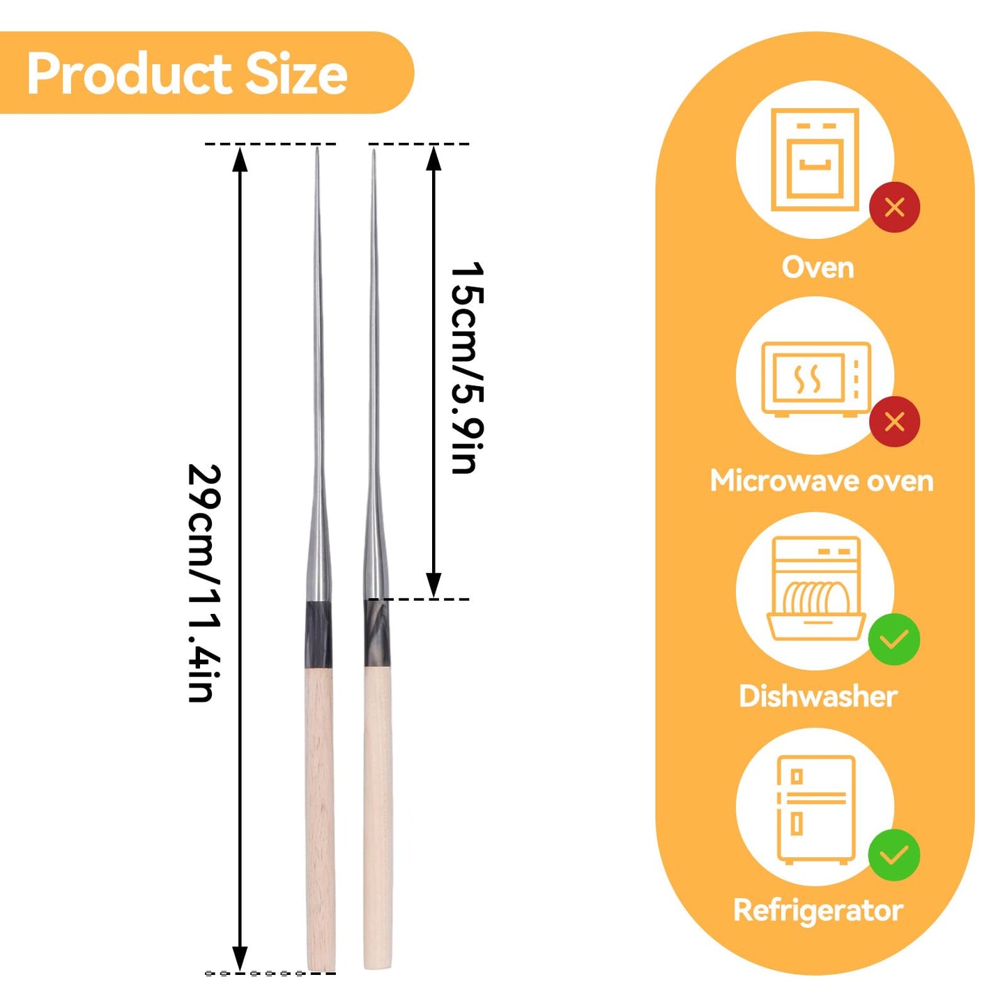 Sushi Chopsticks, 12.4in Stainless Steel Cooking Chopsticks with Wood Handle, Reusable Chop Sticks Dishwasher Safe for Frying, Hot Pot, Noodles and Japanese, Korean, Chinese Foods