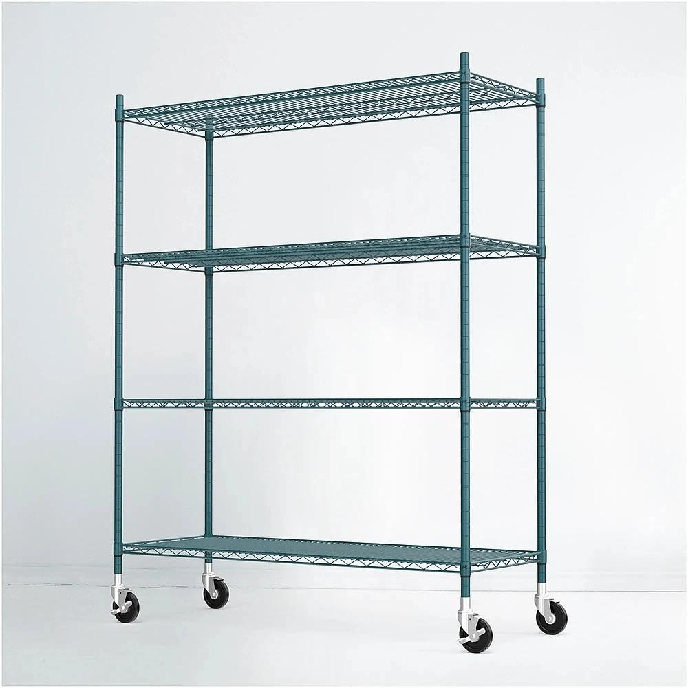 APLSS NSF 4-Tier Green-Epoxy Storage Shelves, 18"x60"x63", Moist&Dry Environments, Commercial Heavy Duty Steel Wire Shelving Unit with Wheels, Walk-in Cooler&Freezer Dishroom Kitchen