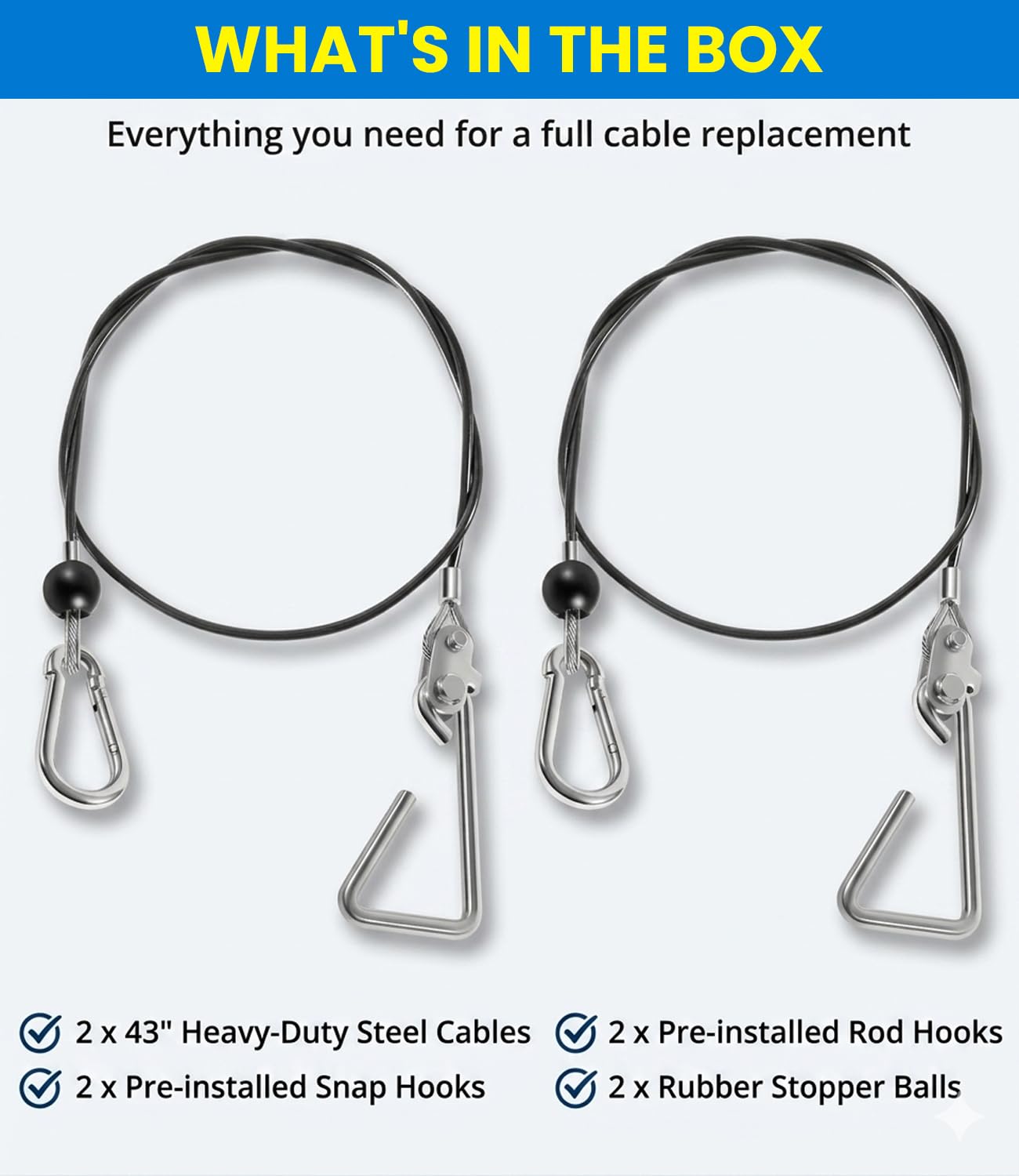 43" Rod Cable Assembly (Pair) for Bowflex Rod-Resistance Home Gyms - Heavy-Duty Replacement Cables with Hook & Rubber Stopper - Compatible with PR1000, Blaze, Sport, Xtreme SE, Power Pro, Ultimate
