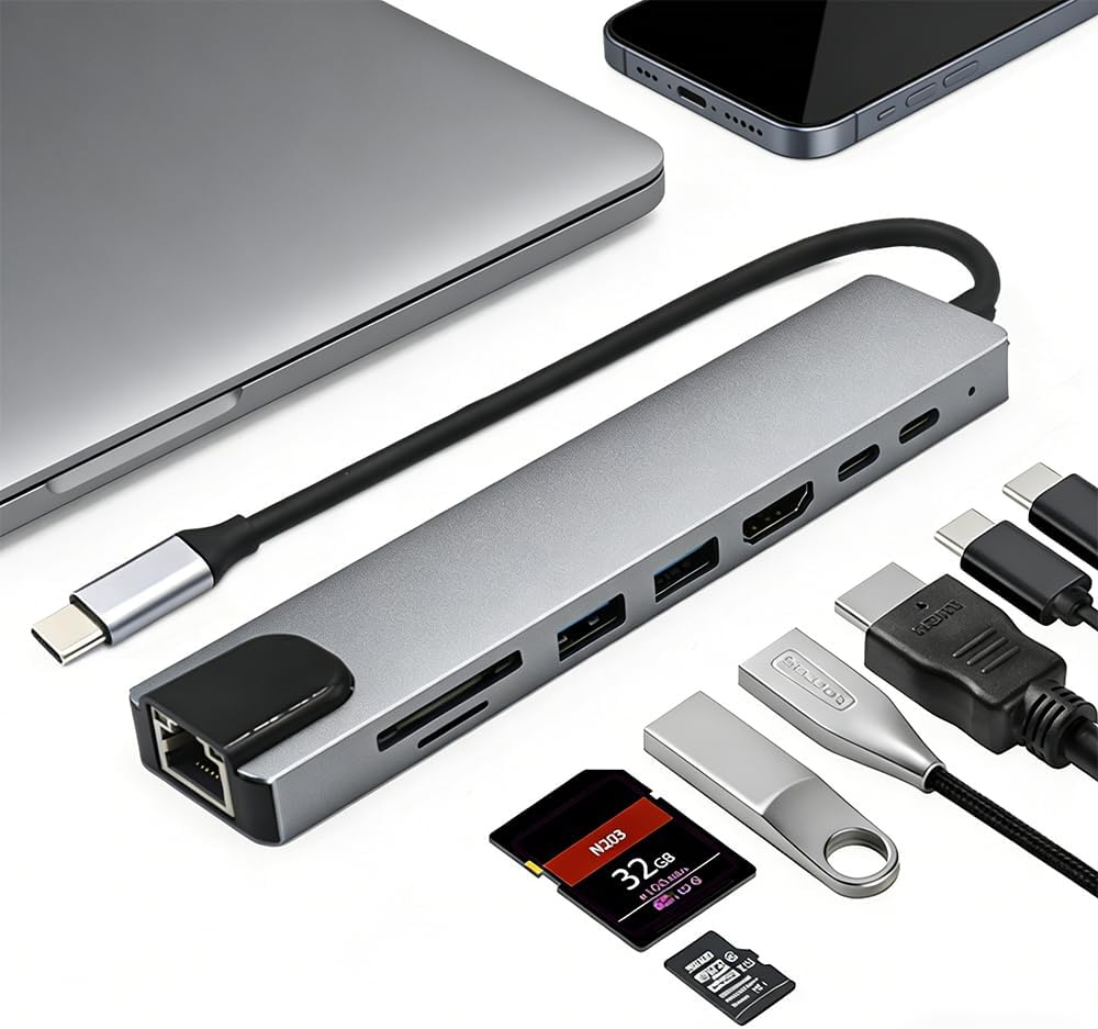 Treayes 8 1 4K 100W 3.0, USB C Hub in for MacBook Air/Pro HDMI, Ethernet, PD, USB SD/TF Card Reader Slim Aluminum Type