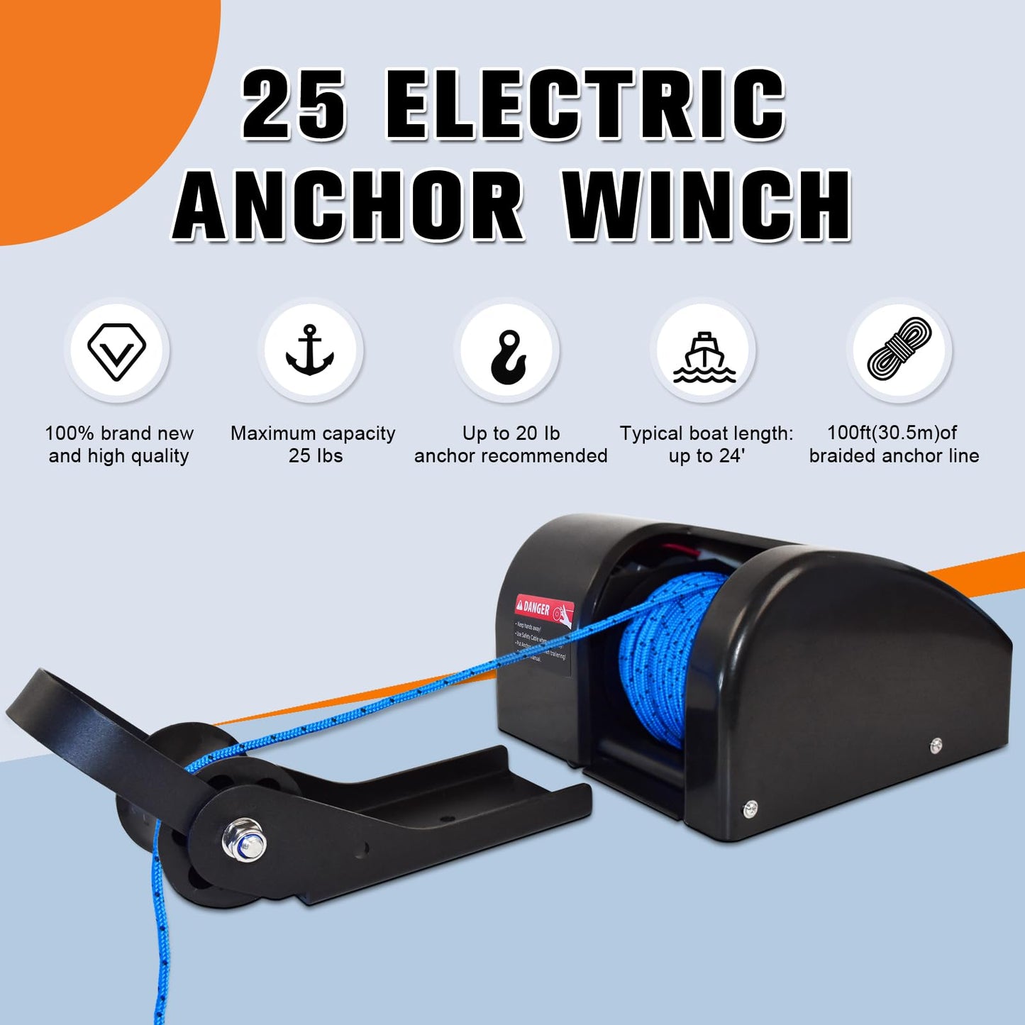 Cygrd Electric Anchor Winch, 25 LBS Marine Windlass, 12V with Remote Control, 100ft Rope, Easy to Operate, Black