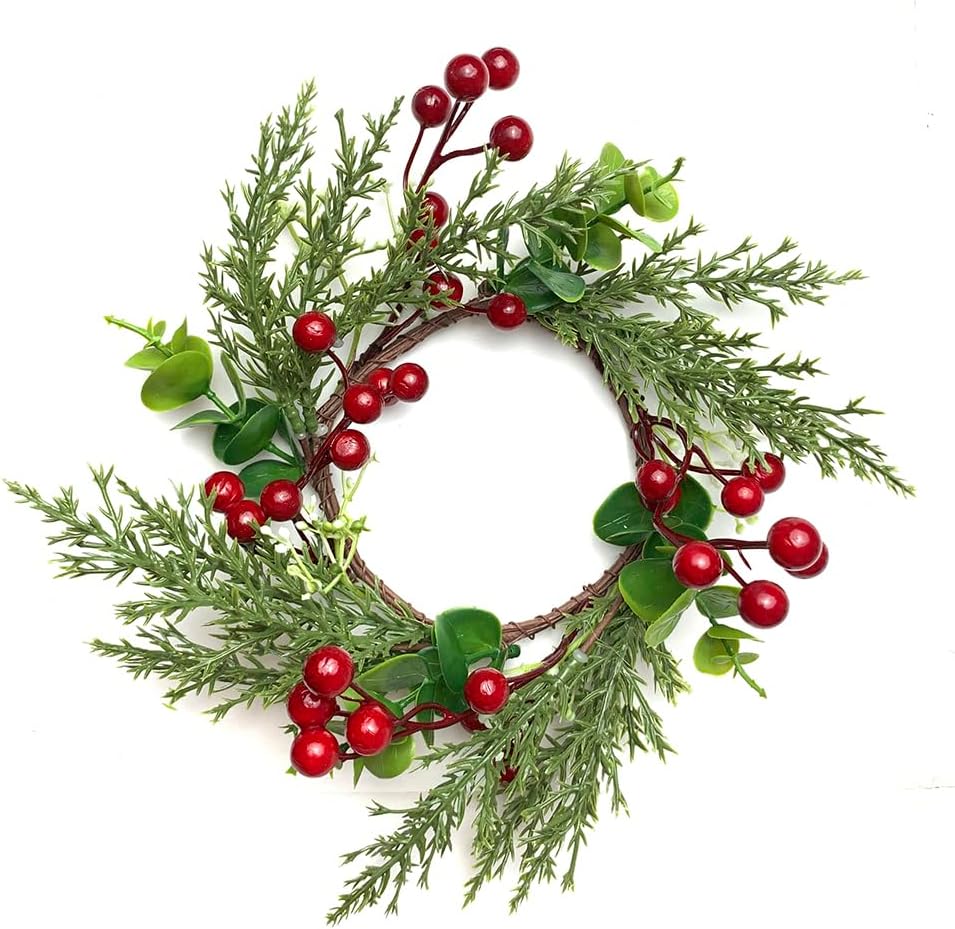 Regine Switzerland Christmas Candle Rings - 4 Inch Artificial Red Berries & Pine Needles Wreaths | Rustic Holiday Table Decor