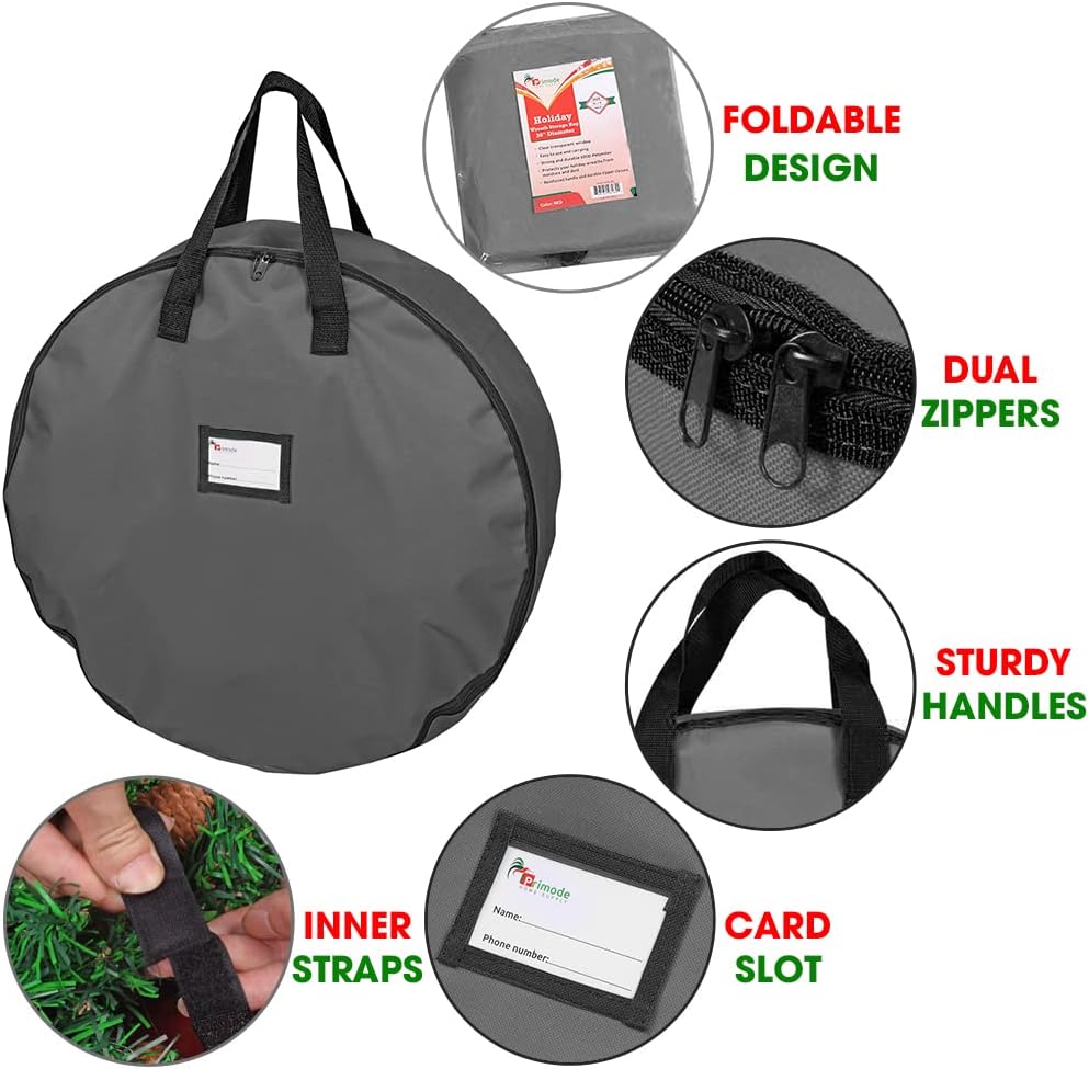 Primode Wreath Storage Bag - Heavy Duty 600D Oxford Polyester Container with Handles | 30" Gray