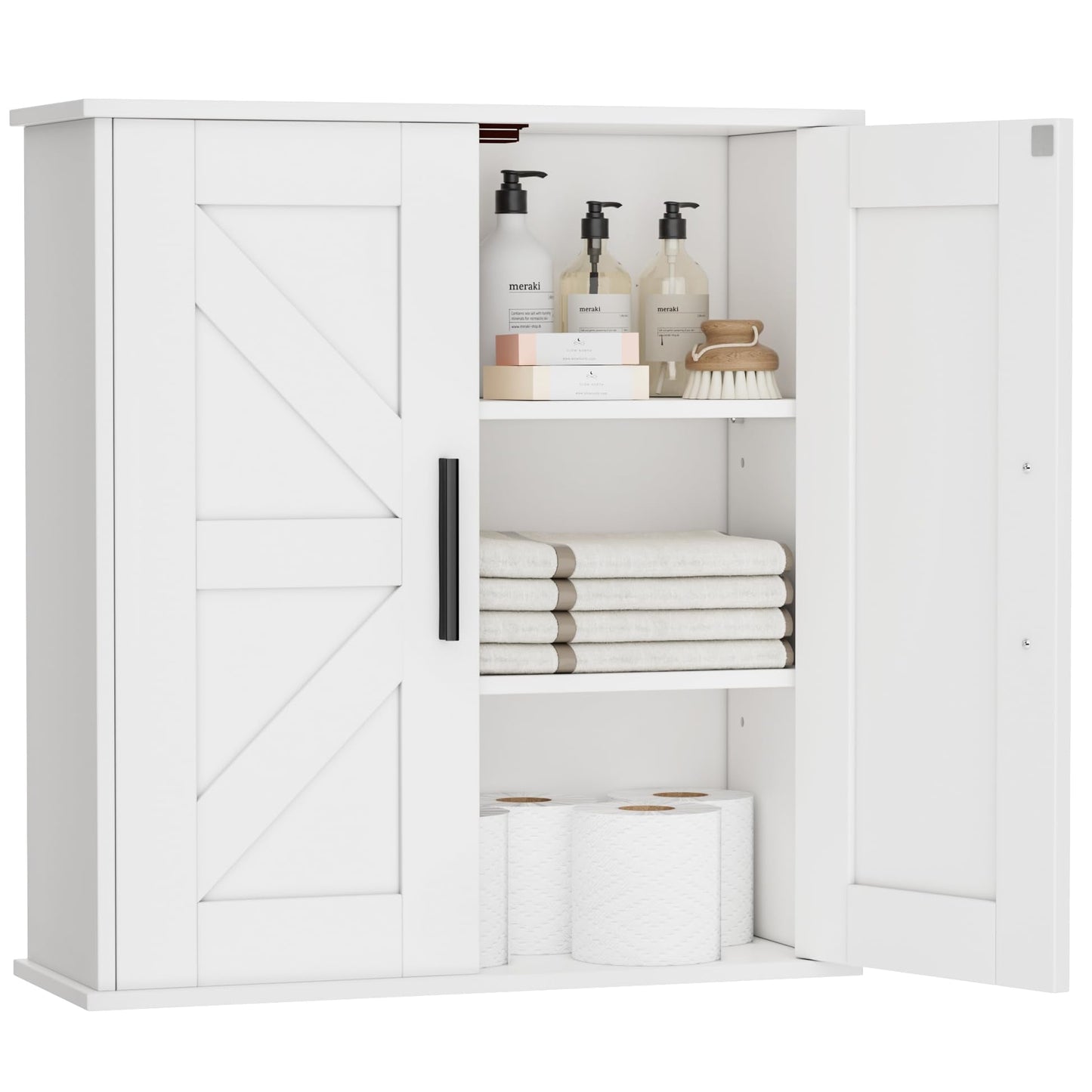 Homleke Bathroom Wall Cabinet, Over Toilet Storage Cabinet with Barn Doors and Adjustable Shelves, 3-Tier Medicine Cabinet Wall Mounted, for Bathroom, Kitchen, Entryway, Laundry Room, White, (7.9" D)