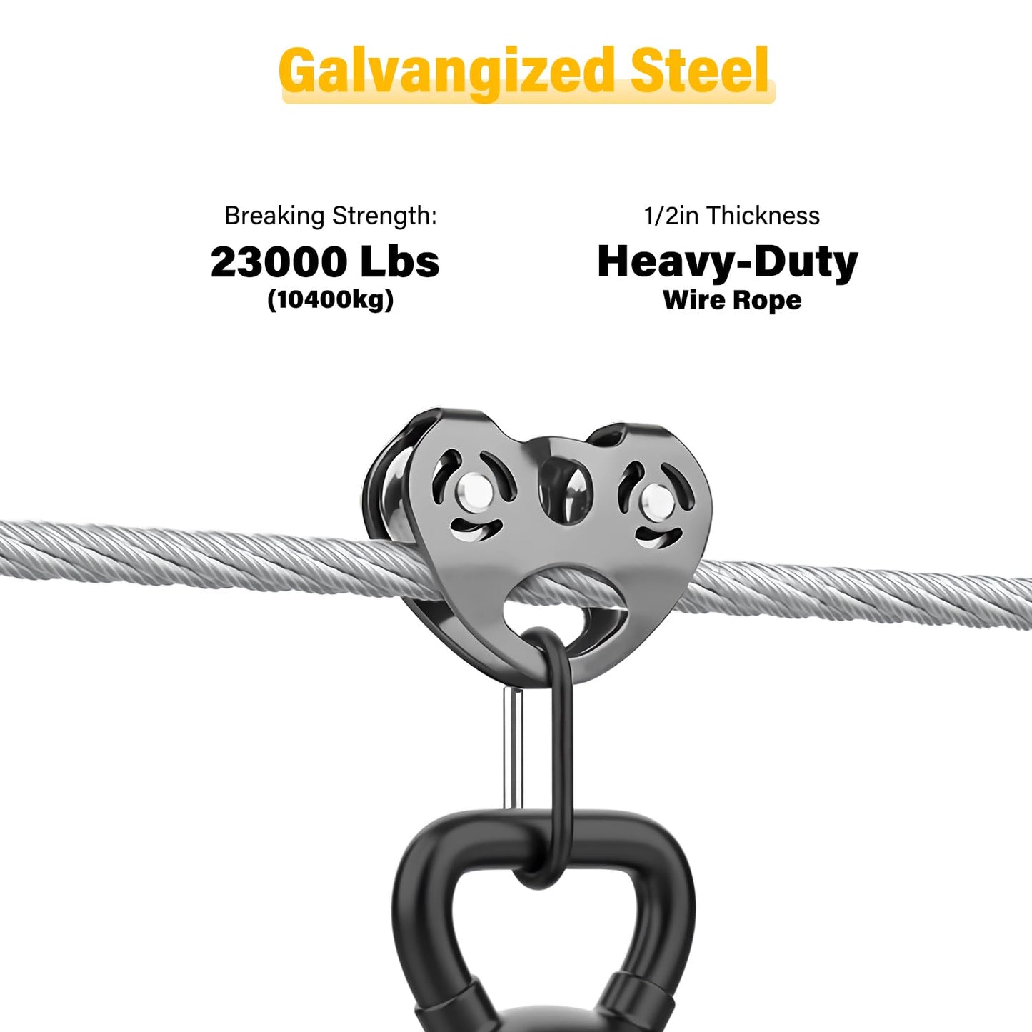 1/2" Steel Cable, Sunwuk 75Ft 7x19 Strand Aircraft Cable with Loops, 23000 Lbs Breaking Strength, Heavy Duty Wire Rope with Clamps and Thimbles for Zipline, Industrial, Towing, Winch Cable