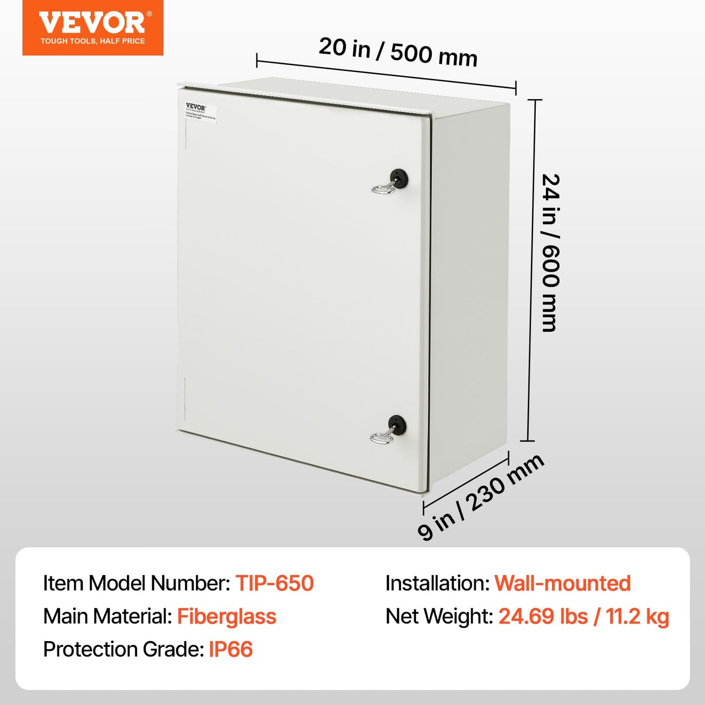 VEVOR Electrical Enclosure Box,23.6''×19.7''×9.1'',Fiberglass Junction Box,IP66 Waterproof & Dustproof,Outdoor Electrical Box,with Mounting Plat