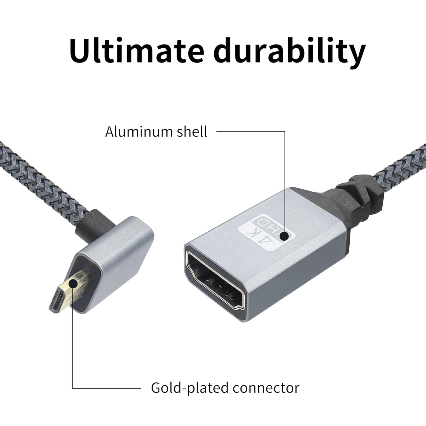 RIIEYOCA 4K Cable,90 4K etc.(20cm) Micro HDTV to HDTV Adapter Degree Up Angle Micro Male to Female Aluminum Short Nylon
