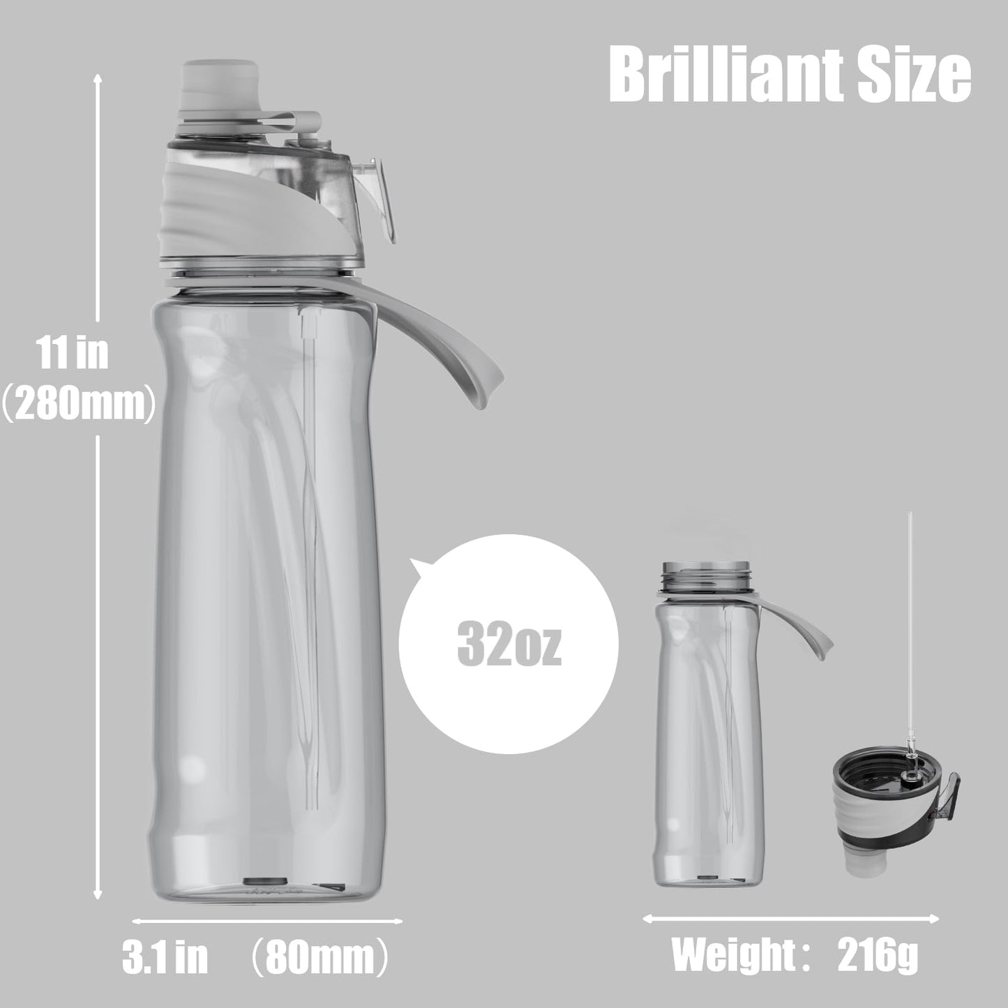 FEIJIAN Mist & Sip Water Bottle, 32oz, BPA-Free, Leakproof & Lightweight, Ideal for Fitness & Outdoor, Gray