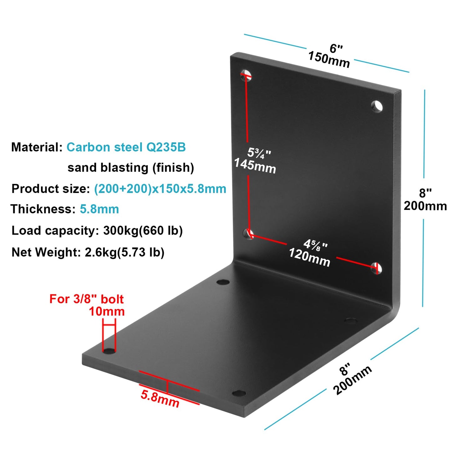 eoere 2 PCS 8"x 8" x 6" Heavy Duty Steel L Angle Bracket, Thickness 7/32", Max Load 660 lbs
