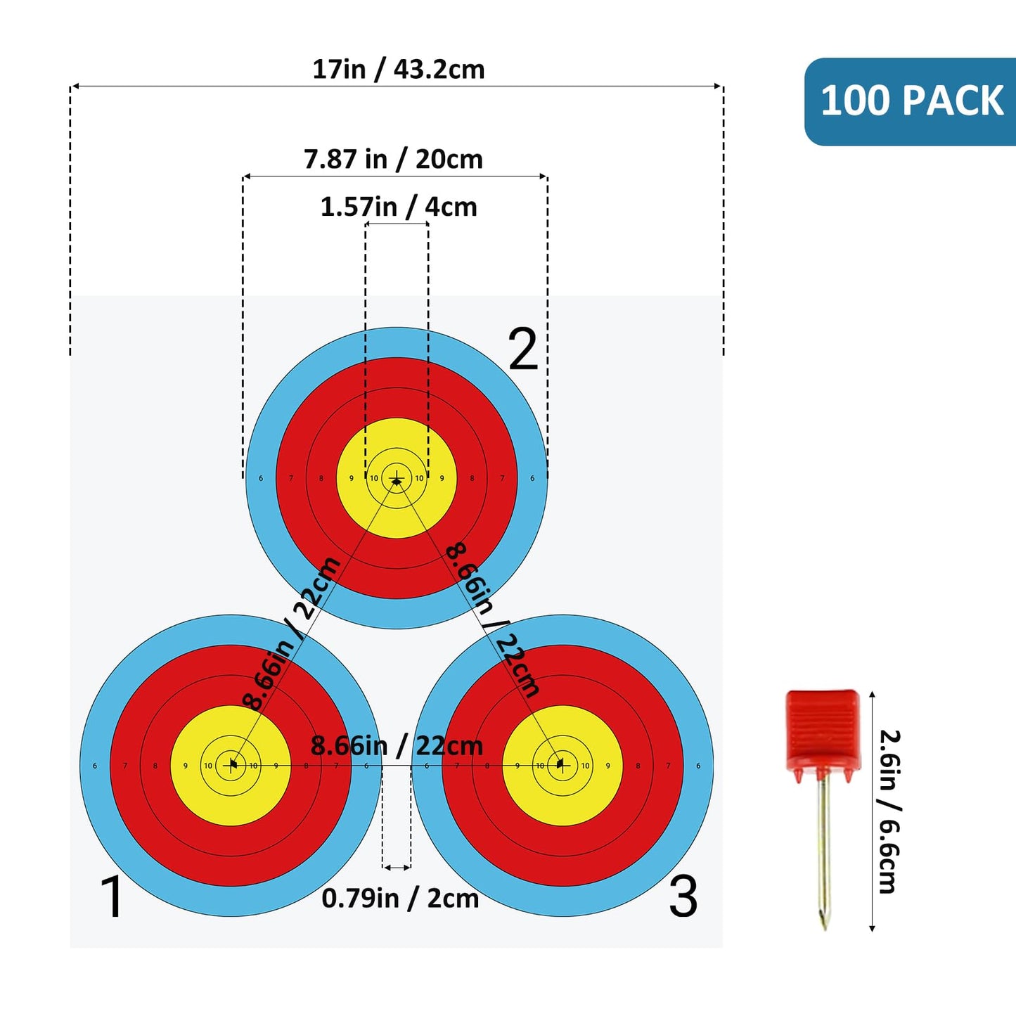 suituts 100 pcs Archery Targets Paper 3 Spot Bow and Arrow Target Paper 17 x 17 Inch Paper Archery Targets, 4 Pcs Archery Target Pins Included