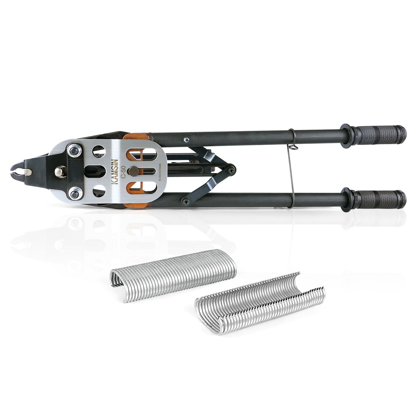 KAMSIN C50 11 Gauge Manual Hog Ring Plier 1-1/2-Inch Crown Hog Ring Plier C Ring Stapler 13.5-14mm Closure Diameter Hog Ring Stapler for Wire Cages, Gabion, Fencing