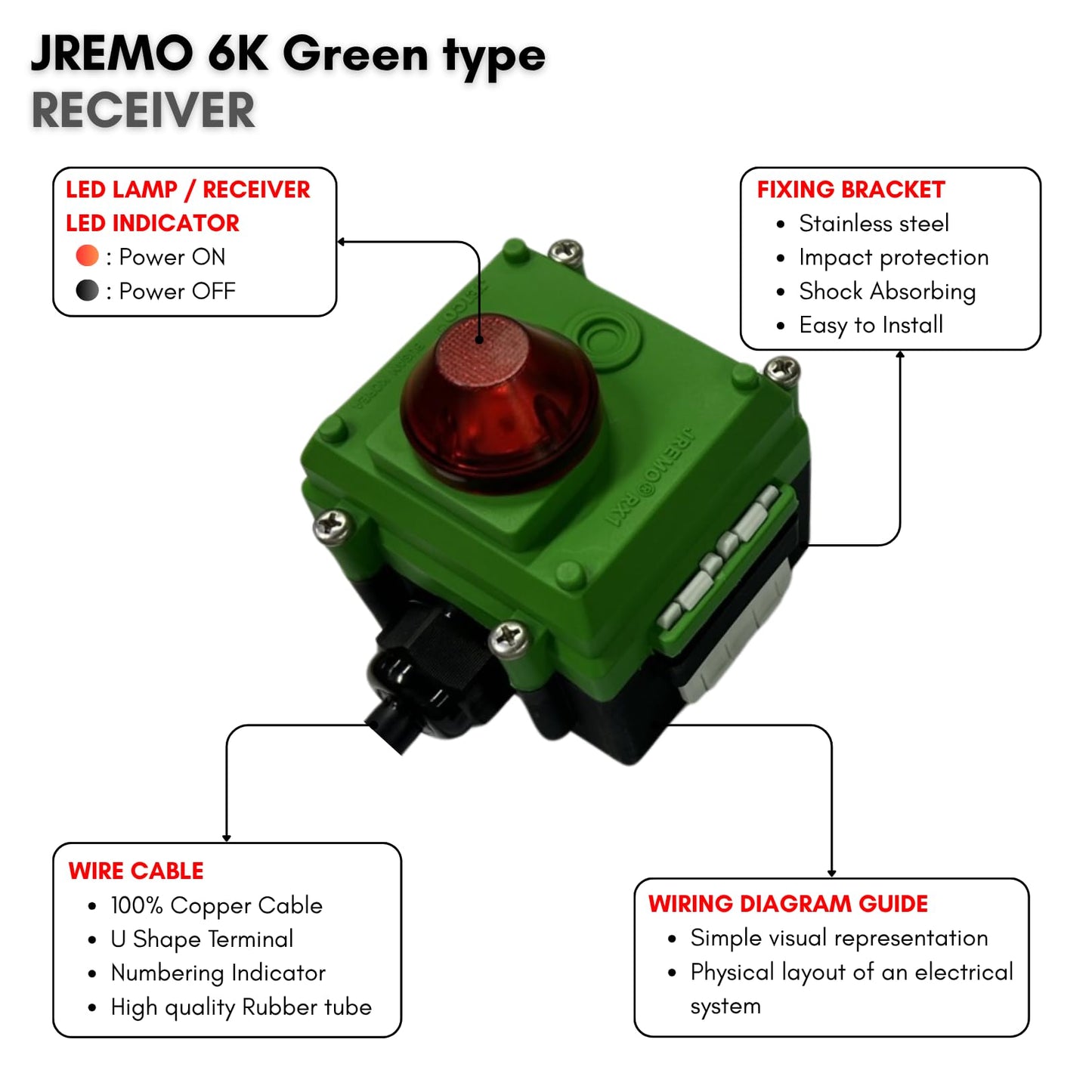 JEICO Crane Hoist Industrial Wireless Remote 6 Buttons Controller JREMO 6K Green Type (1 Transmitter + 1 Receiver) Green, Made in Korea