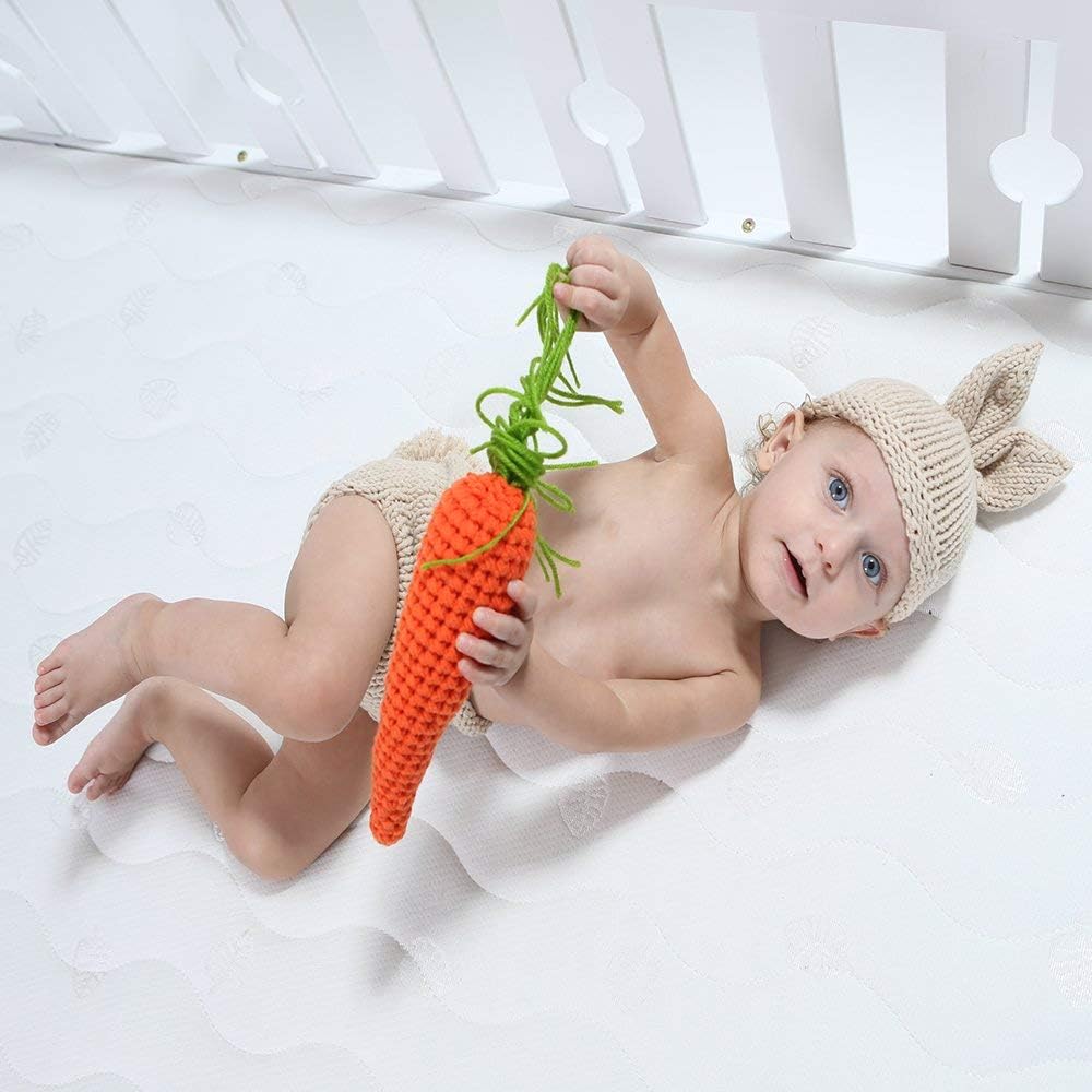 1st IDOPIP Newborn Baby Easter Bunny Photography Props Costume Boy Girl Crochet Knit Rabbit Hat Diaper Carrot Birthday
