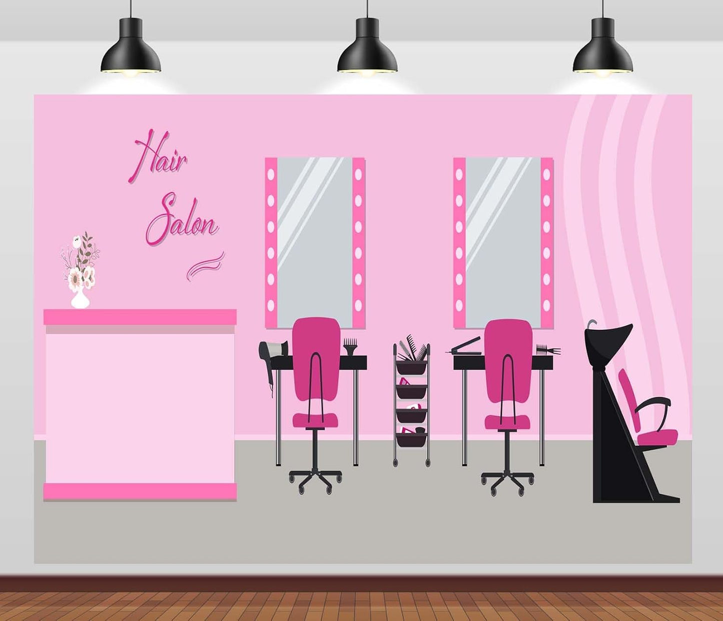 BELECO 5x4ft Fabric Hair Salon Interior Backdrop Pink Barber Shop Haircut Chair Mirror Background Hairstylist Theme