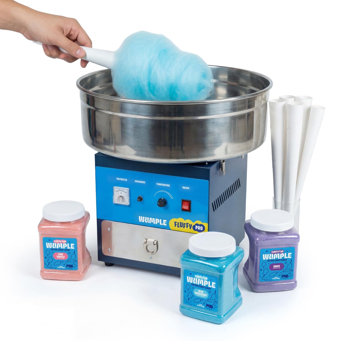 Wumple Cotton Candy Machine Pro Bundle - Commercial Electric Maker with Drawer, Large Stainless Steel Bowl & 3 Flavored Sugars - 70 Cones Included - Perfect for Parties & Business - Blue