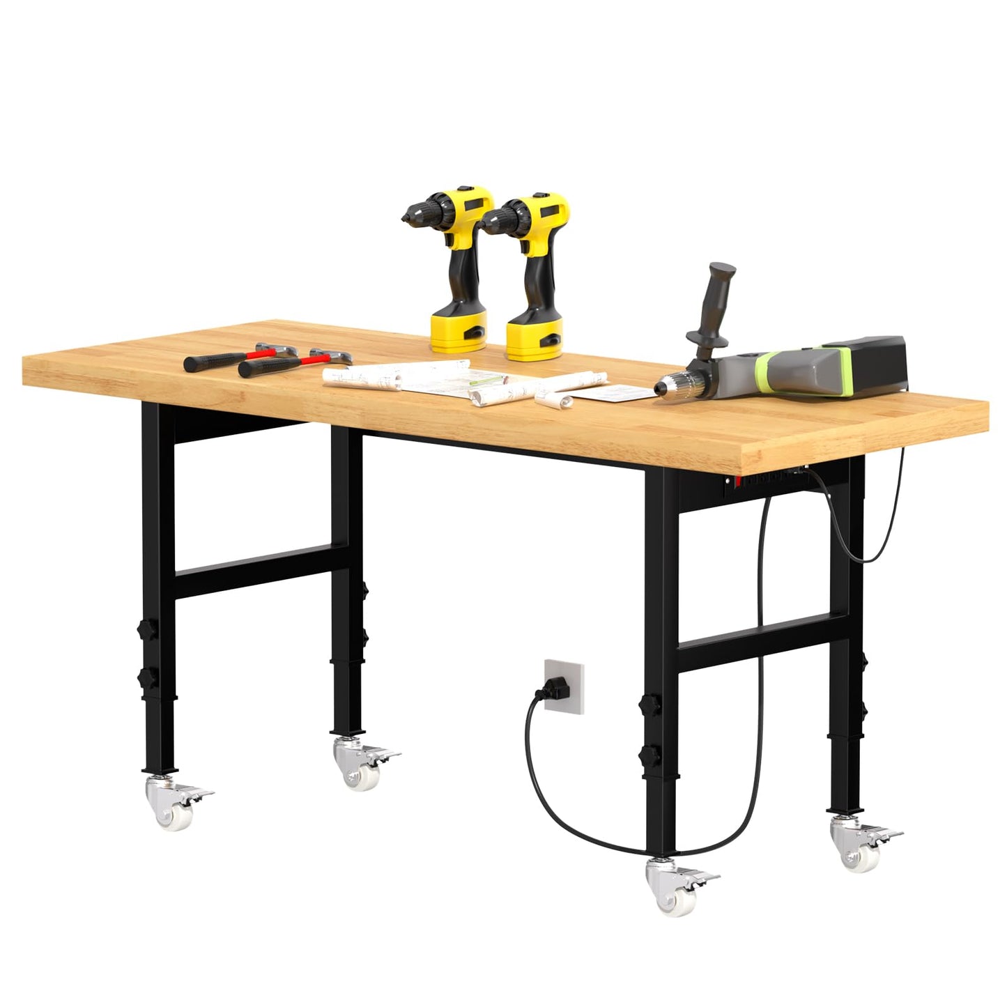 Pelnuies 60" Heavy-Duty Solid Wood Work Bench with Wheels, Adjustable Height Workbench with Power Outlets, 2000 LBS Capacity Work Table for Garage, Workshop(60" X 24")