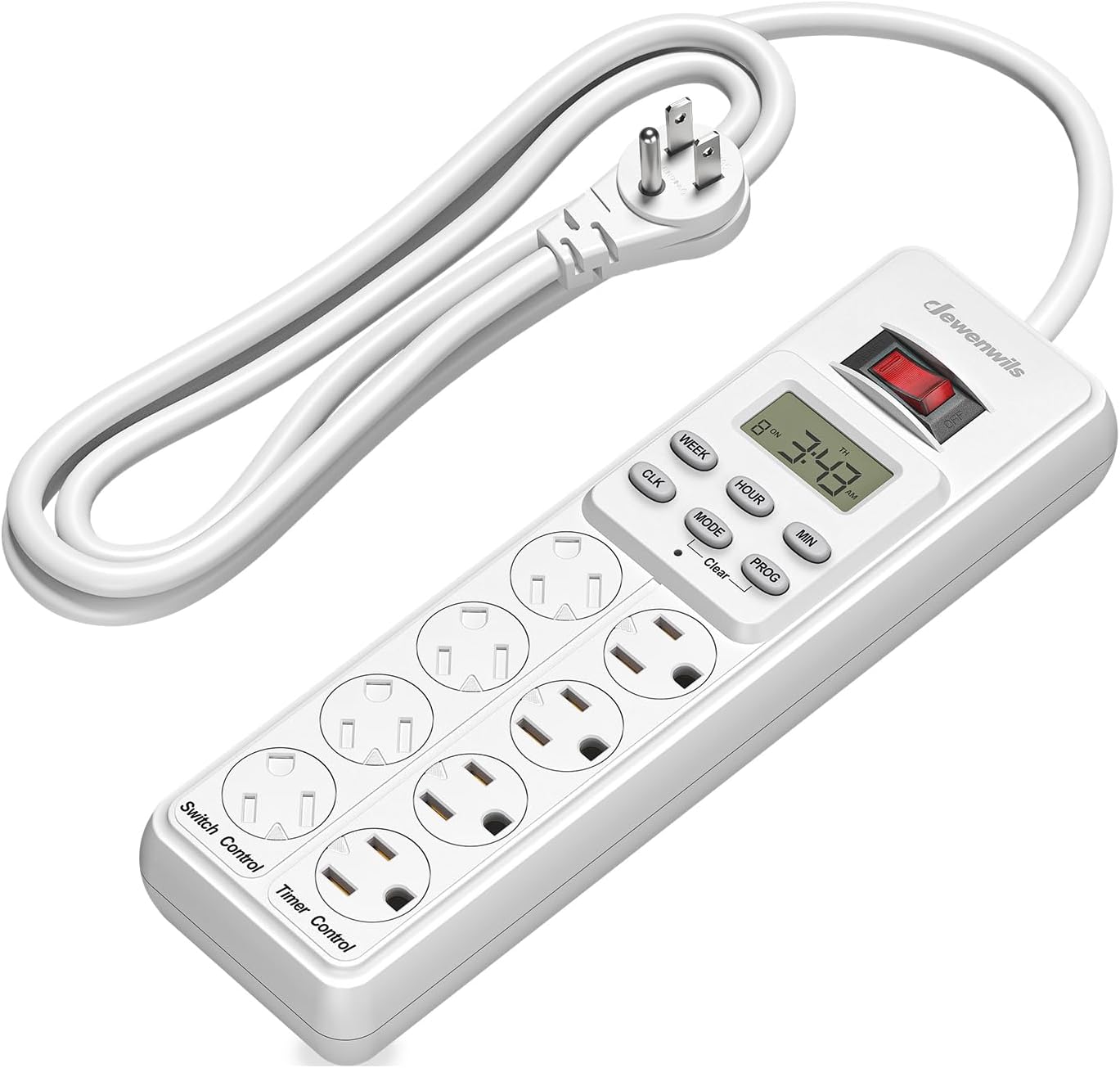DEWENWILS 8 (4 Timed/4 6ft 15A, Outlet Power Strip with Timer Always On), Indoor Digital Outlet for Reptile Light