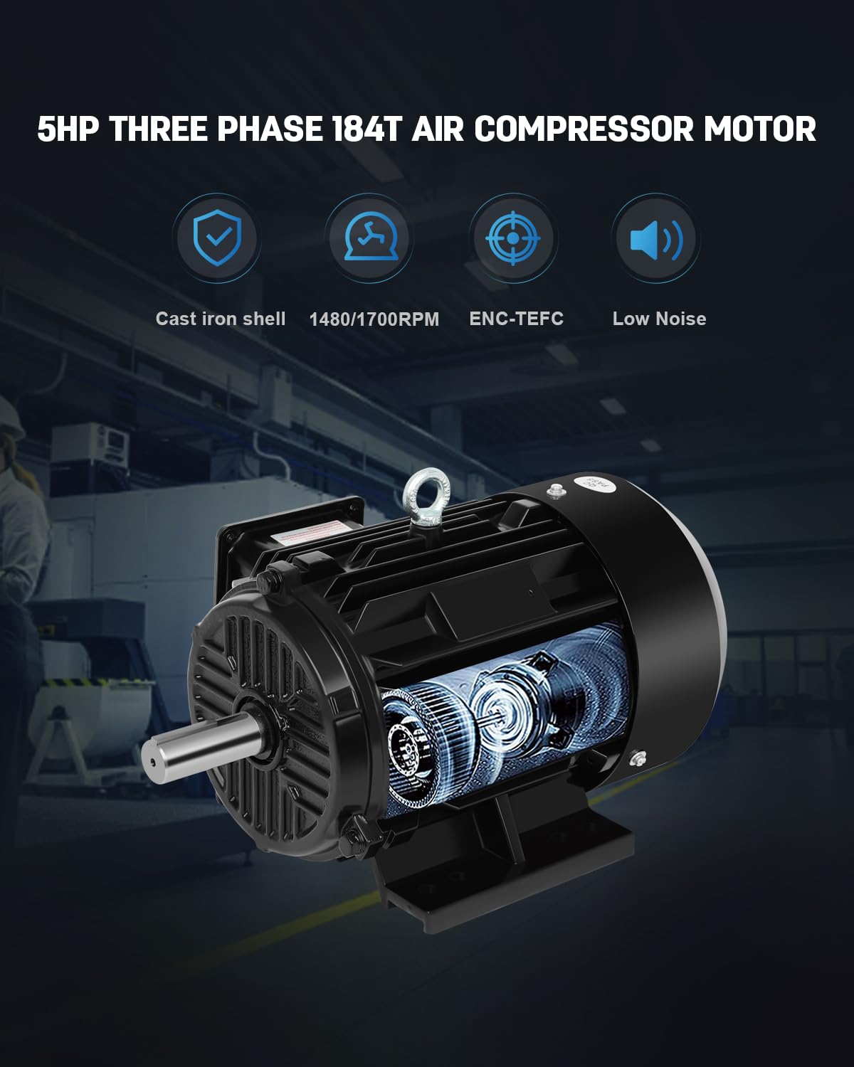 5HP Electric Motor Three Phase Motor 1480/1770 RPM,184T Frame,1-1/8"Shaft Diameter CW/CCW Cast Iron Shell Air Compressor Motor