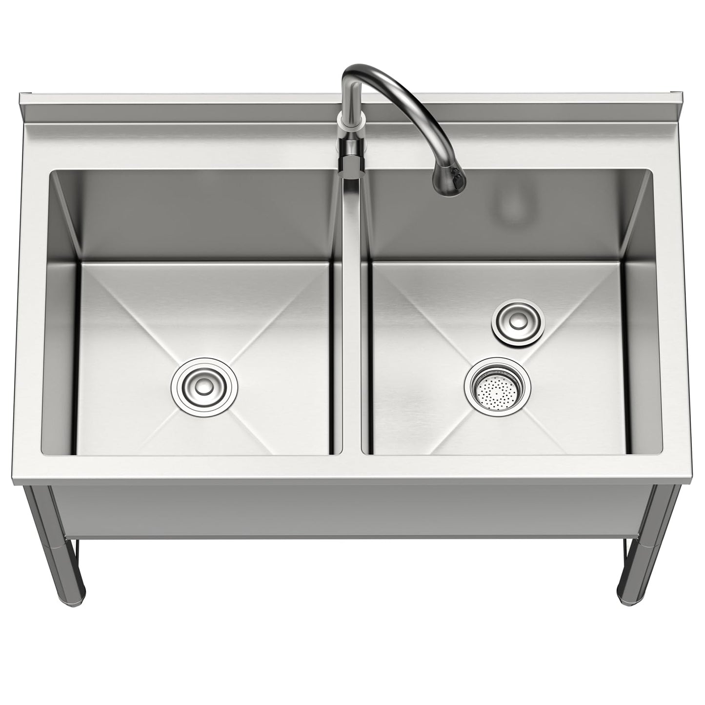 35" Stainless Steel Commercial Sink 2 Bowl Freestanding Kitchen Sink with Pull-out Faucet, Large Utility Sink for Kitchen, Dishwashing, Thawing, Laundry Room, Garage, Outdoor, Total Capacity 36 Gallon