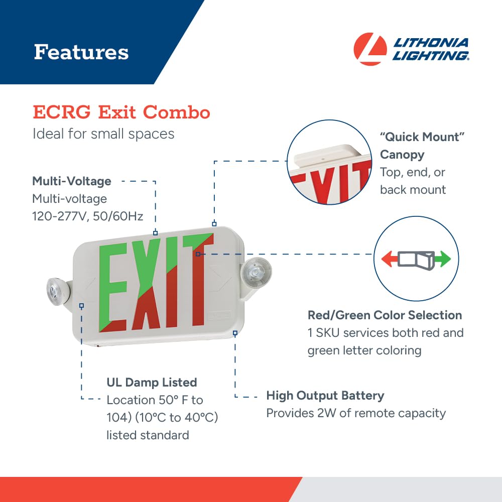 Lithonia Lighting Basics LED Exit Sign/Emergency Light Combo, Red/Green Switchable Exit Sign and Emergency Lights for Business, 2-Head Fixture, Round Lights, Remote Capacity, White (ECRG HO RD M6)