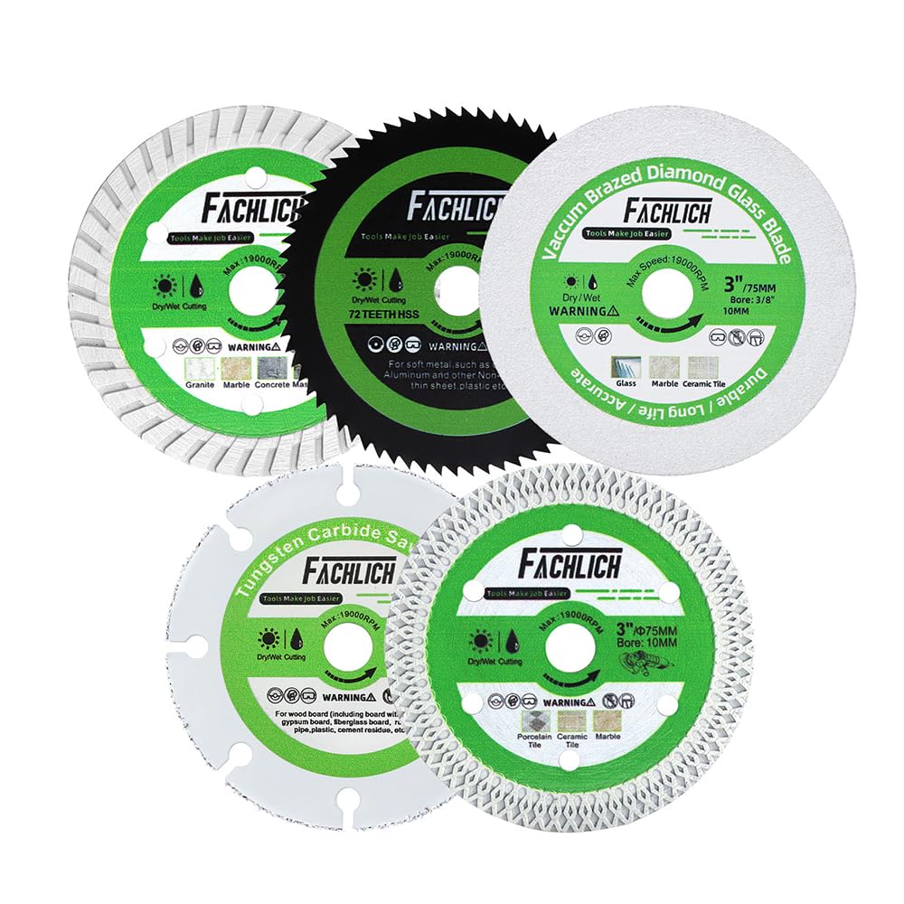 Mini 3 inch Diamond Blades - FACHLICH Cutting Disc and FACHLICH Tile Hole Saw Kit - 12pcs Diamond Core Drill Bits Set 1/4" 5/16" 4/5" 1" 1-3/8" 2" 3" 4" with 4/5" Finger Bit 2" Beveling Chamfer Bit