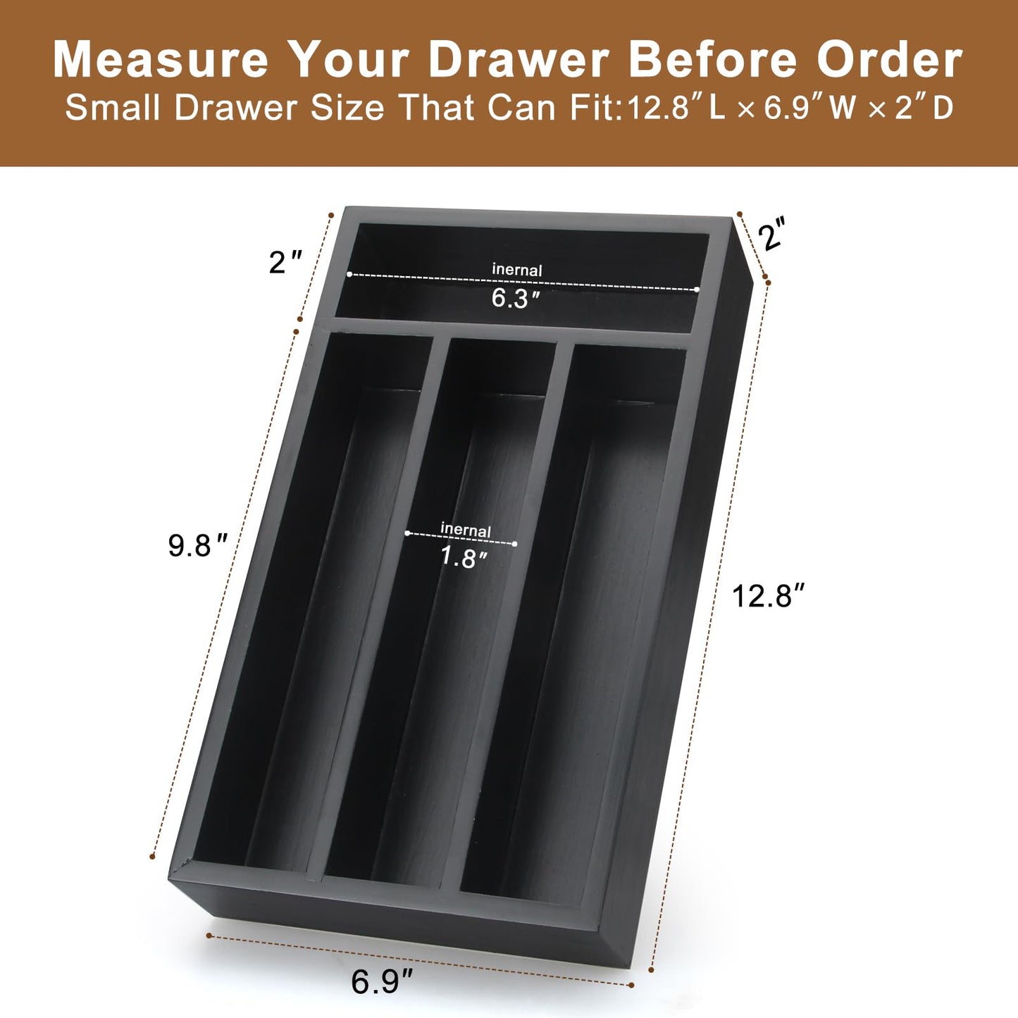 Ayiaren Wooden Silverware Drawer Organizer Tray Small Kitchen Utensil Holder for Drawer Narrow Flatware Organizers Divider Black Wood Cutlery Trays Bamboo Utensil Organizer Spoon and Fork Holder Tray