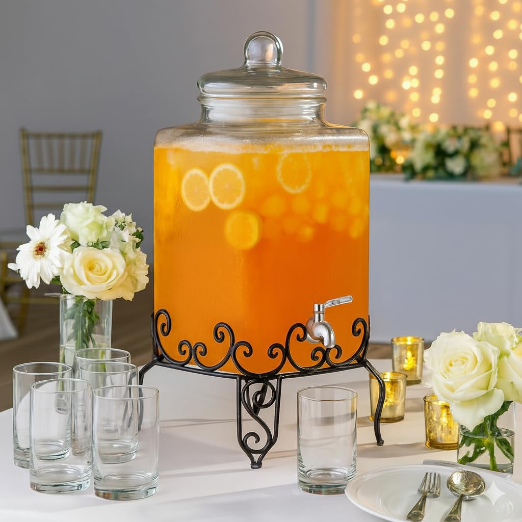 Extra Large 5 Gallon Glass Drink Dispenser with Stand and Stainless Steel Spigot – Event & Party Beverage Server for Water, Tea, Punch, and More