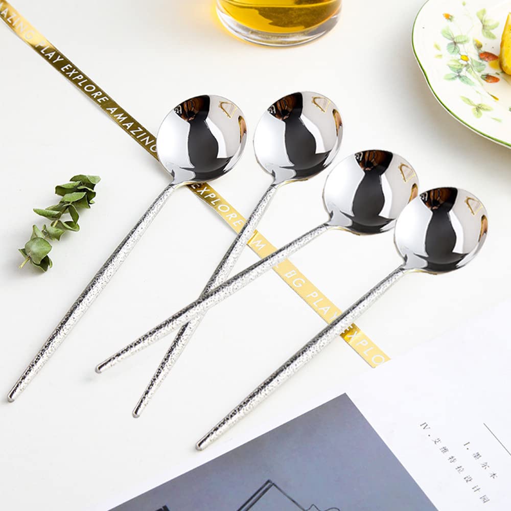Stainless Steel Hammered Soup Spoon, Korean Long Round Handle Spoon, 4 Pieces of Steel Hammered Spoons, 8 Inches.
