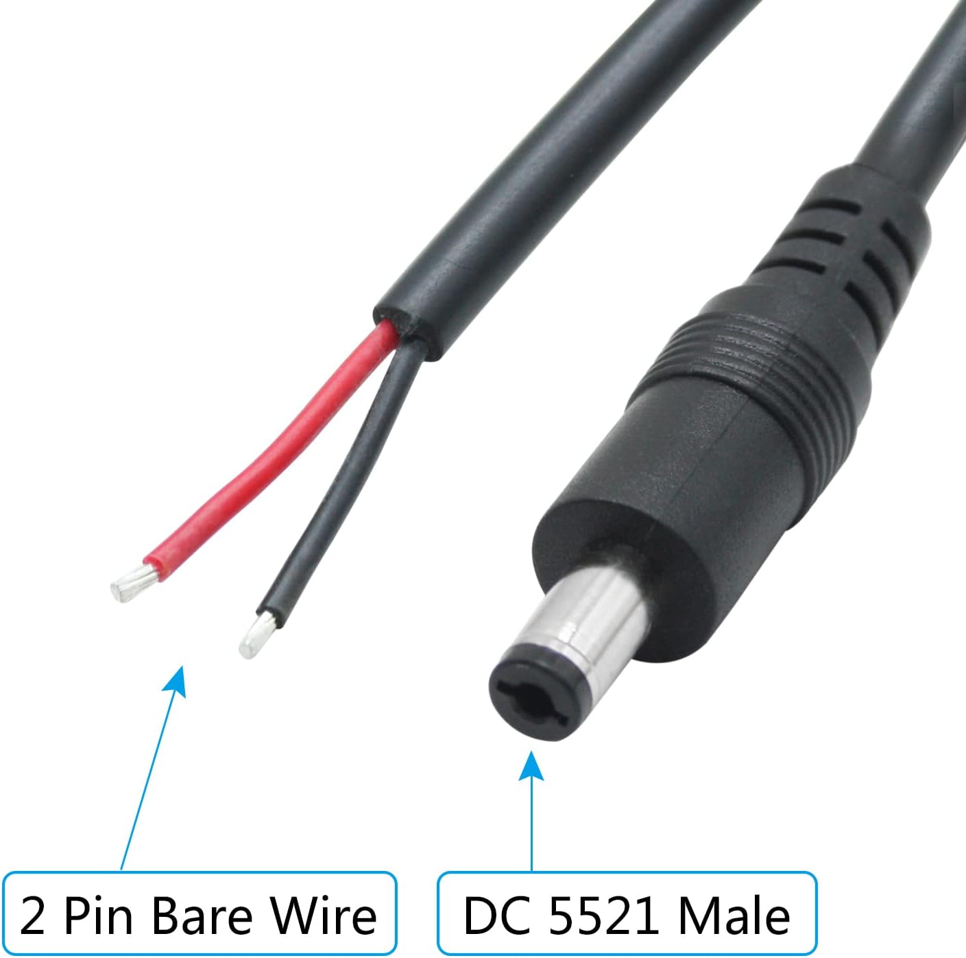 Maixbomr 12V Cable,1m/3.3ft 5.5mm 2.1mm Wire,18AWG 5521 Repair(2Pcs) DC Power Pigtails DC x Male Plug to Bare Wire Open