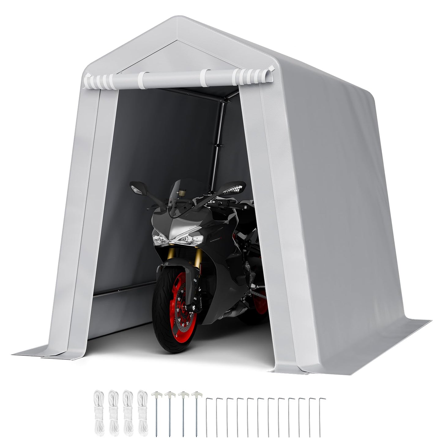VEVOR 6x8x7 FT Heavy-Duty Portable Outdoor Storage Shed Tent, Waterproof Carport Garage Shelter with Roll-Up Zipper Door & Vents, UV-Resistant Canopy for Motorcycle, Bike, Lawn Mower, Tools, Gray