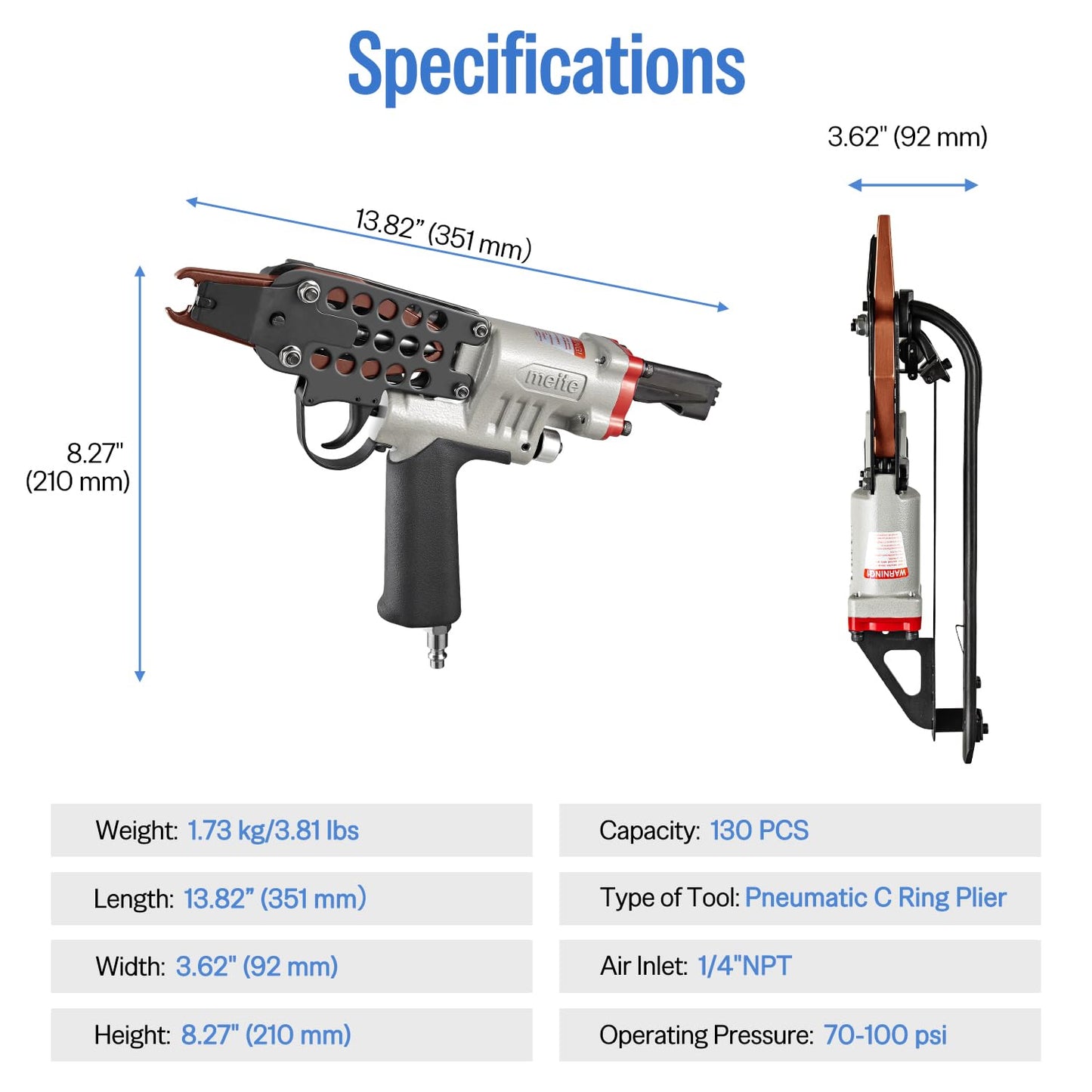 meite SC7E-I2 Pneumatic Hog Ring Gun with 2000 PCS 15GA Hog Rings, 15 Gauge 3/4" Crown Extended Nose Hog Ring Pliers, 8.8 mm Closure, Upgrade Trigger Air C Ringer for Mattress Assembly