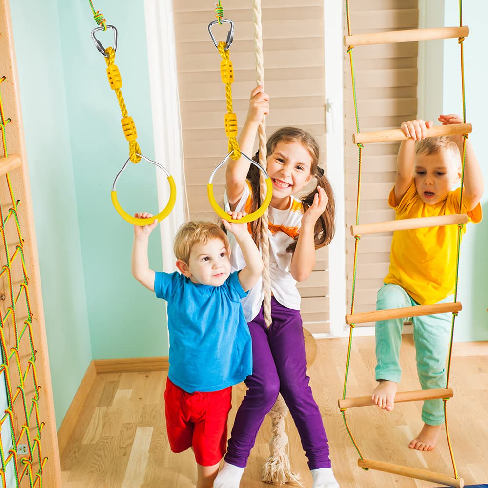 Swing Ninja Ring Indoor Outdoor Backyard PlaySet Fitness Gymnastic Training Equipment, 4 Pack Yellow Hanging Jungle Gym Fist Trapeze Monkey Bars Climbing Ring Ninja Warrior Obstacle Course Attachments