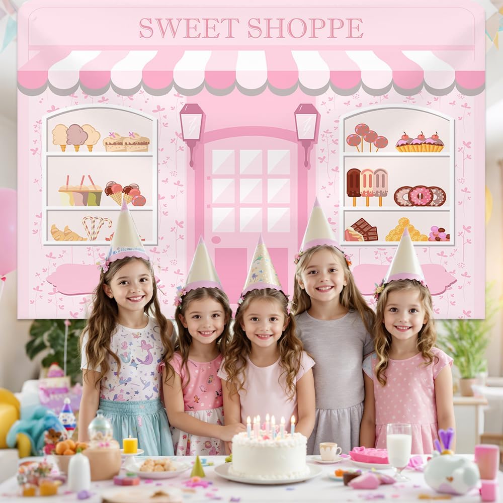 MEHOFOND 7x5ft Pink Sweet Shoppe Backdrop Dessert Parlor for Girls Birthday Photography Background Kids Party Banner