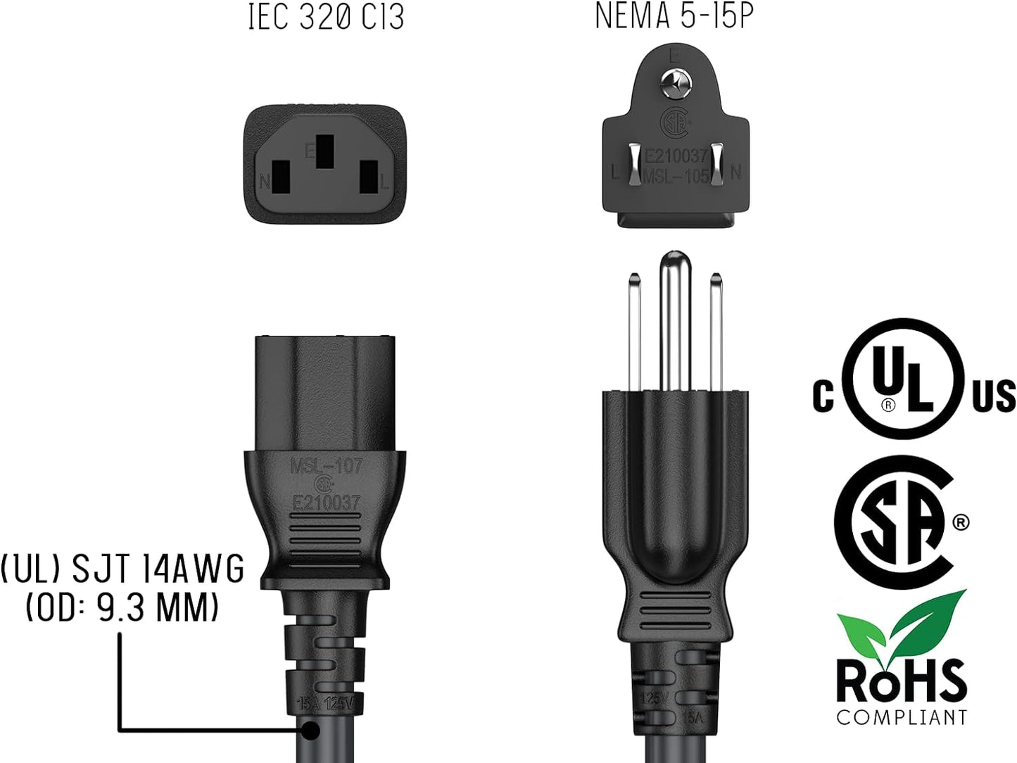 Cable Leader 4ft 14AWG 5-15P C13 3-Prong Computer Power Cord, NEMA to IEC AC Power Cable, Heavy Duty Replacement Power