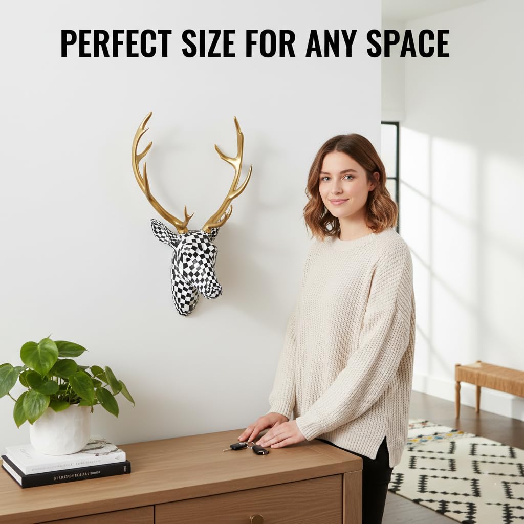 XYZWOMN Deer Head Wall Decor, 15.7 Inch Faux Resin Animal Head Wall Mount with Gold Antlers, Modern Mosaic 3D Wall Art Sculpture for Living Room Bedroom Home Decoration, Black and White