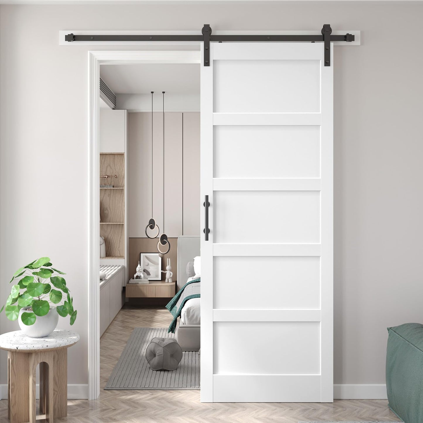 Fredbeck 36x96 inch White Barn Door with 6.6FT MDF Sliding Door Hardware Kit Included & Handle,Solid PVC Surface,DIY Assembly,5-Panel