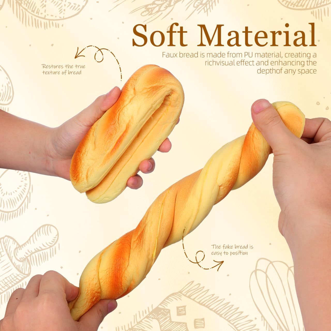 2PCS 13.6" Homoyoyo Realistic Fake Bread Long Artificial French Bread Loaves Soft Squishy PU Golden Color - Fake Food