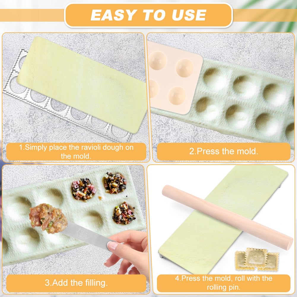 Ravioli Press Mold Set, 12 Holes Ravioli Maker Press,1 x Pasta Cutter Stamp Maker, 1xWood Rolling Pin Pasta Making Tools,1x Filling Spoon,for Ravioli, Dumpling,Hand Pie