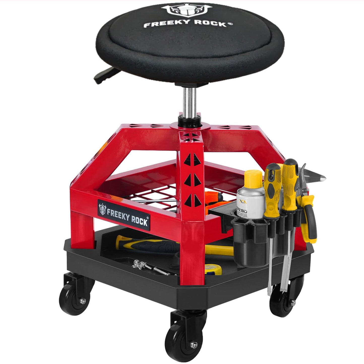 FREEKYROCK Rolling Shop Stool with Wheels, Heavy Duty Garage Work Mechanic Stool, Adjustable Height 22.44"-28.94", 360°Swivel Rolling Chair with Tool Tray Storage, 330 LBS Capacity, Red