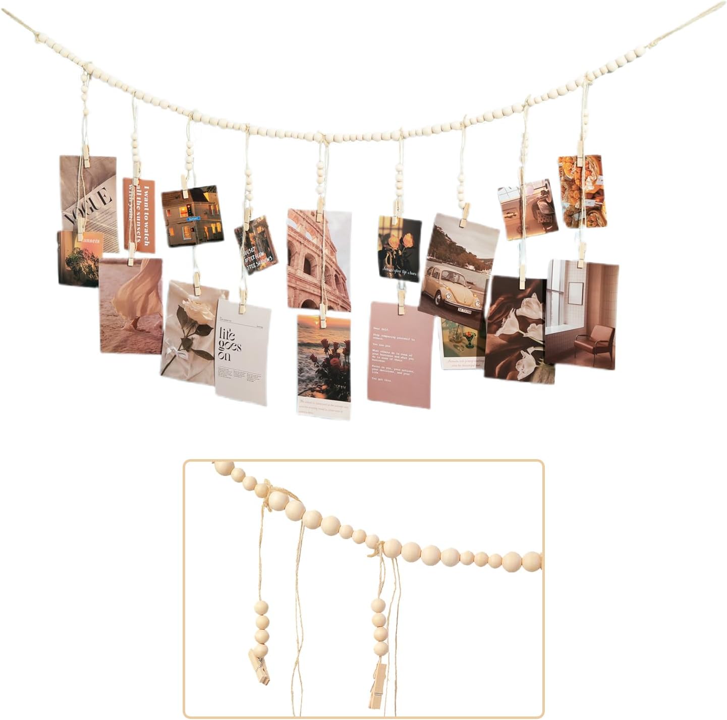 Skiennix Hanging Photo Display - 18 Wooden Clips | Boho Wall Décor for Bedroom & Living Room