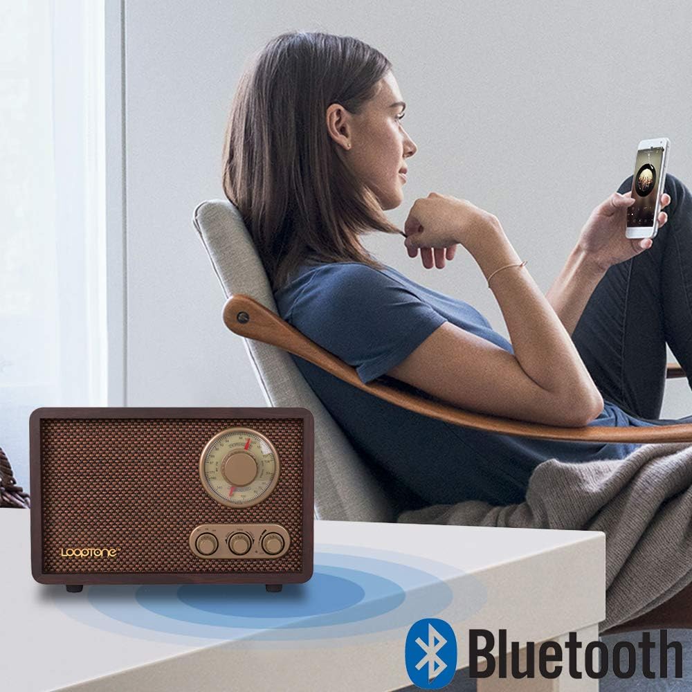 LoopTone Mp3 FM AM Radio Retro Wood Radio with Bluetooth Play and Antenna Built in Speaker for Kitchen Living Room
