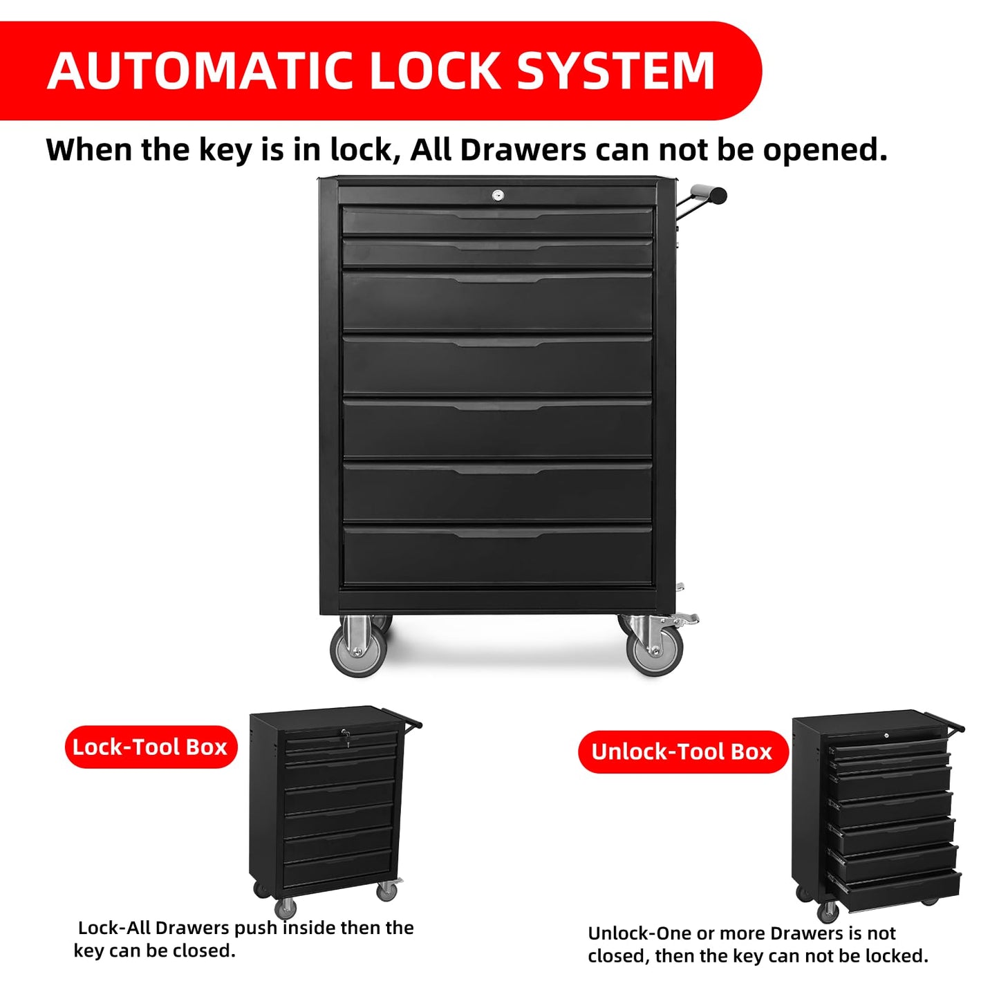 QSOSTNS 7-Drawer Rolling Tool Chest Cabinet, Large Capacity Metal Tool Box with Wheels and Keyed Locking, Roll Around Storage Organizer Tool Cart for Garage, Warehouse, Work Shop (Black)