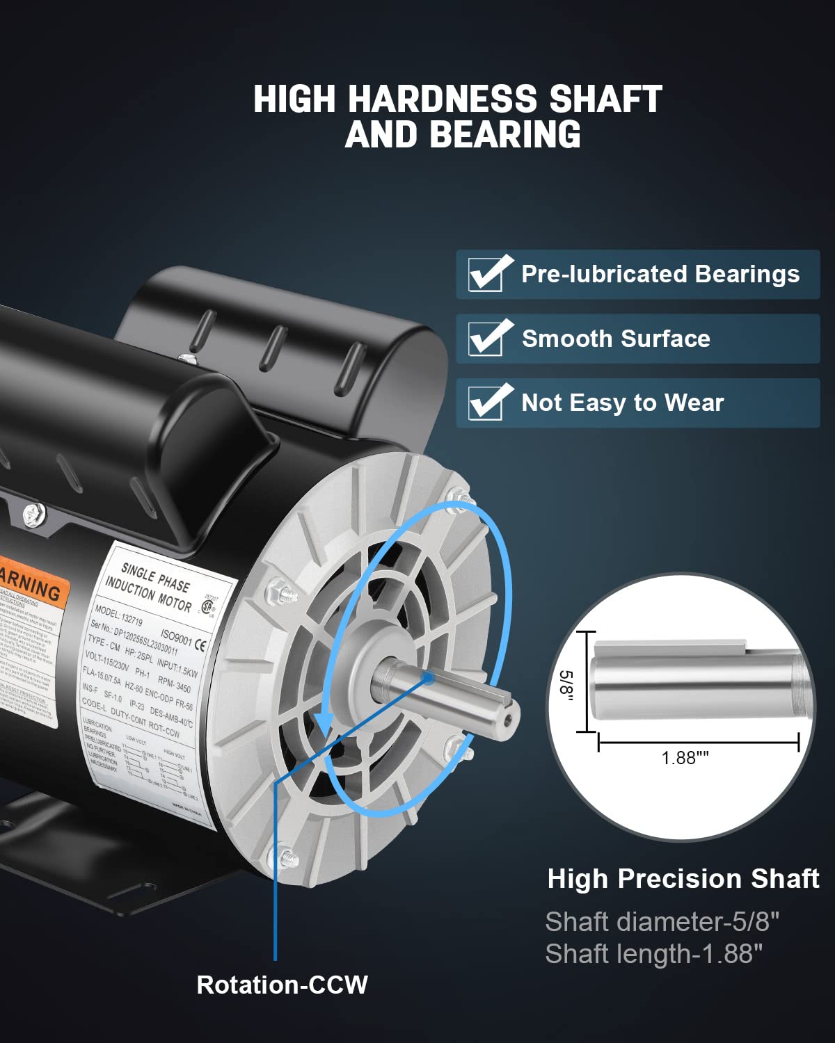2 HP SPL Air Compressor Motor, Single Phase Electric Motor, 3450 RPM 115/230V, 56 Frame 5/8 Keyed Shaft 60 HZ