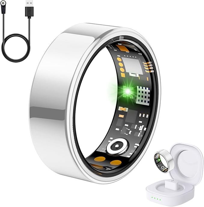 Health Tracker Ring, Smart Health Ring for Women Men with Heart Rate, Blood Oxygen, Sleep Monitor, Steps,Calories, No Subscription Fee, IP68 Waterproof Smart Ring for iPhone & Android (Silver, 7#)